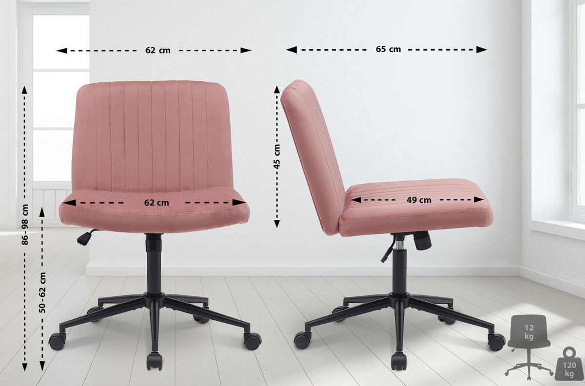 BÜROSTUHL Lynox Samt pink - Pink/Schwarz, Metall (62/98/65cm) - TPFLiving