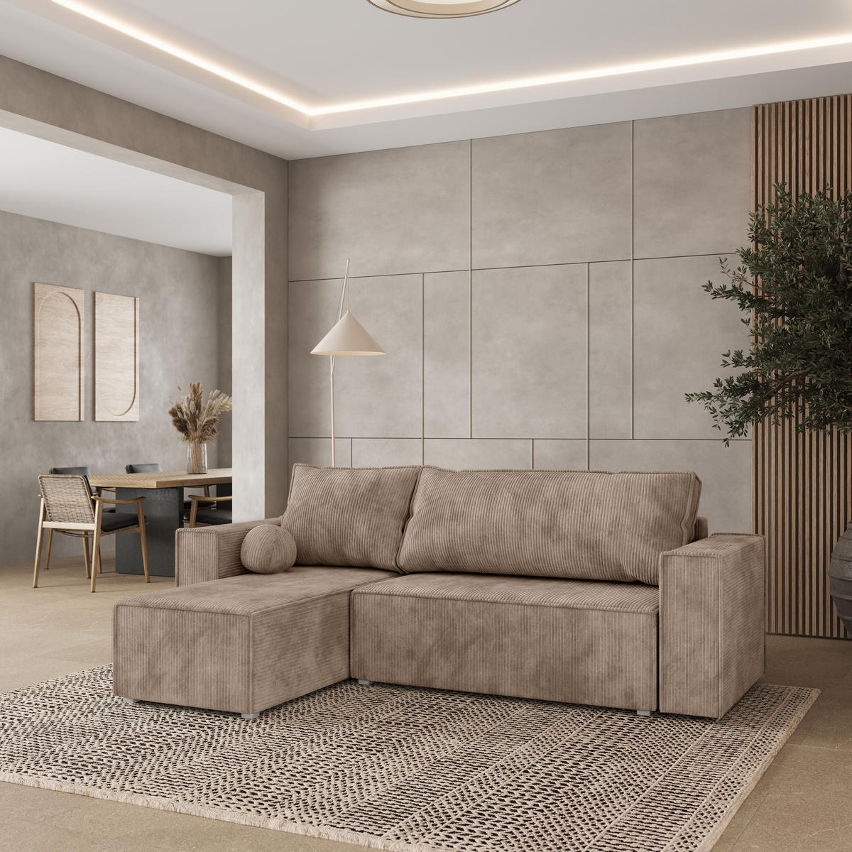 ROHOVÁ SEDAČKA RAVELO béžová - šedá/béžová, dřevo/textil (240/140cm) - MASSENO