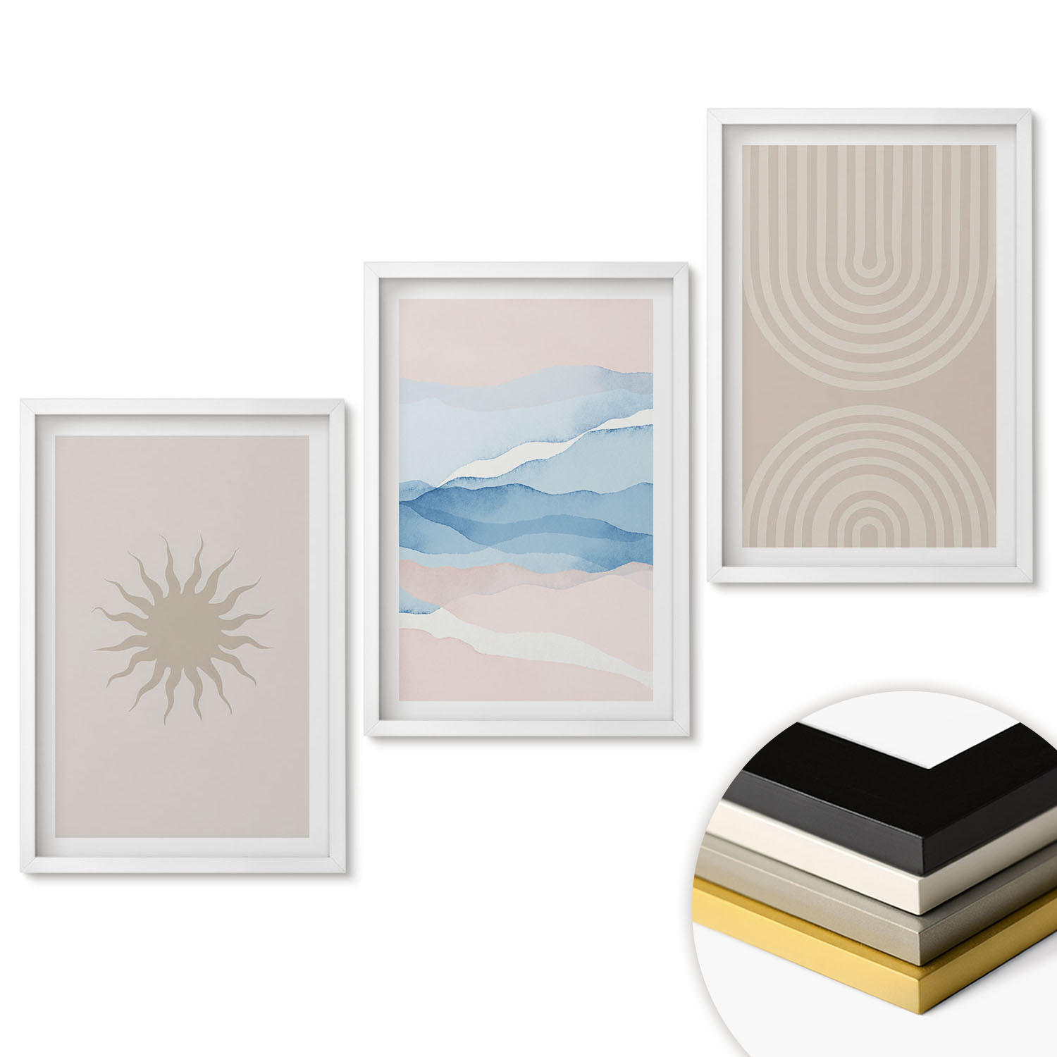 WANDBILDER 3er-Set - 40x60 cm Weißer Rahmen - Sonnenwellen abstrakte Linien Pastell - Weiß, Kunststoff (40/60cm) - ArtPrintCave