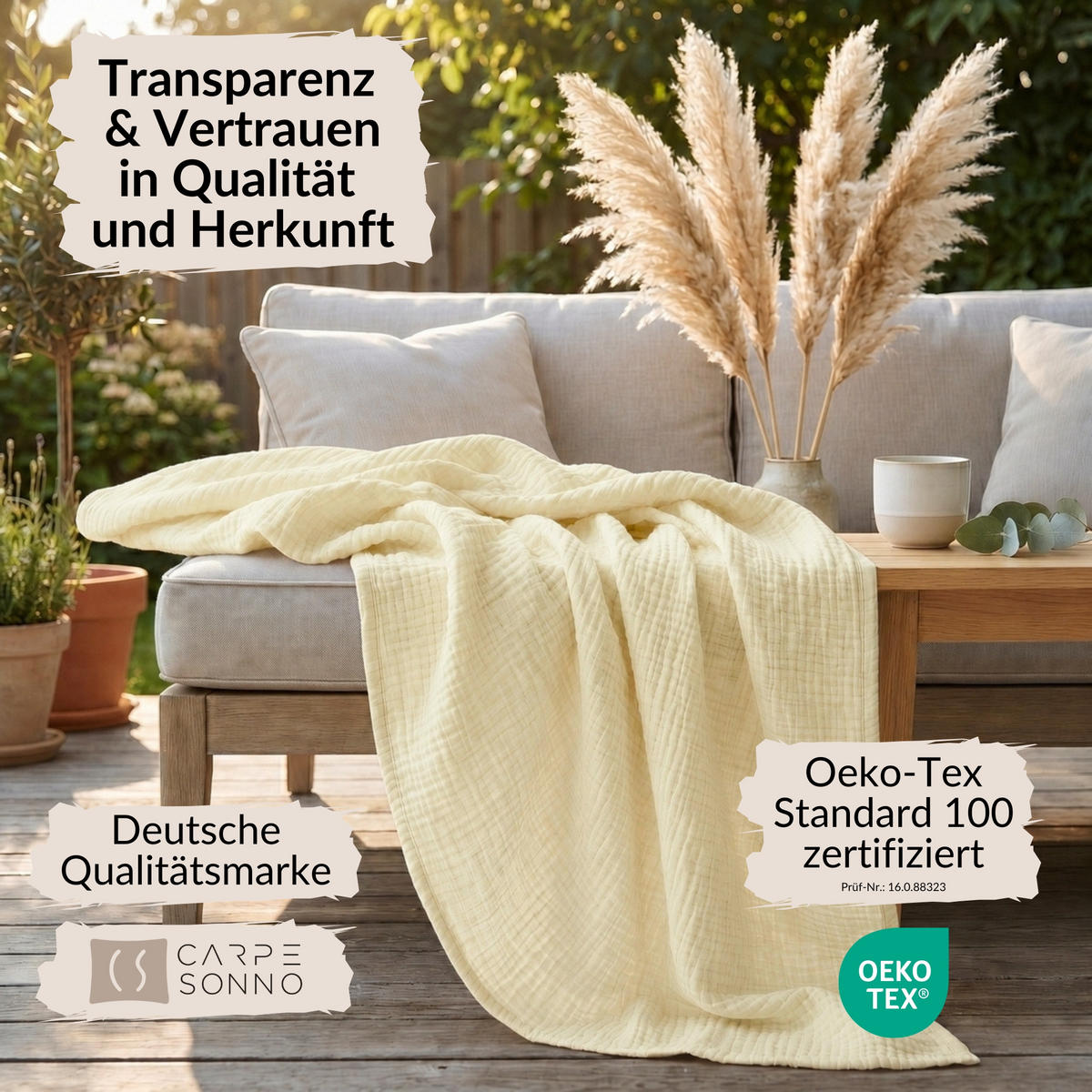 WOHNDECKE Musselin 150 x 200 cm, Leichte Kuscheldecke aus 100% Baumwolle - Nutzbar als Tagesdecke, Plaid oder Decke für Sofa, Couch & Bett - Creme - Creme, Textil (150/200cm) - Carpe Sonno