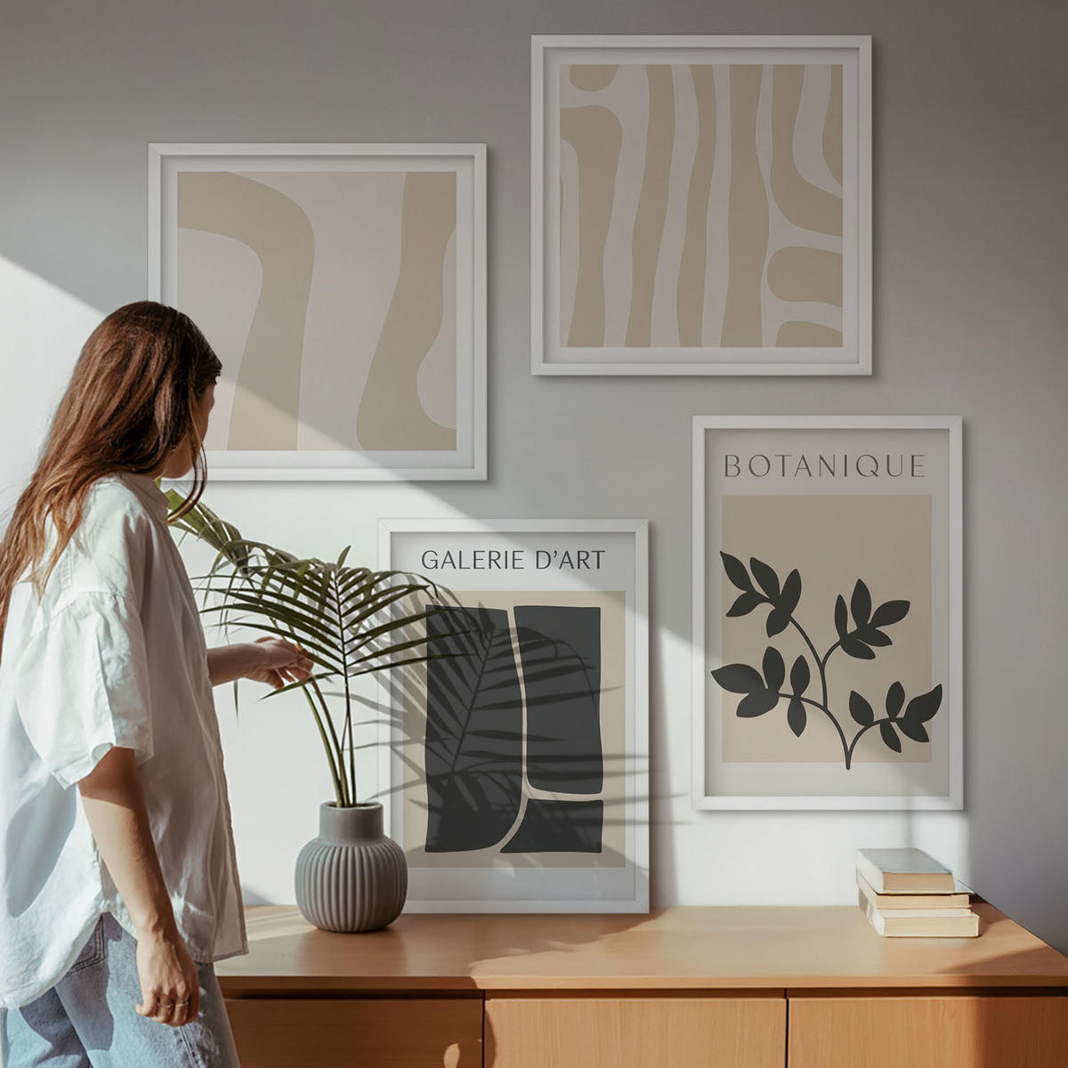 BILDER SET 4er Set - 50x50 cm & 40x60 cm Weißer Rahmen - Abstrakte Pflanzenmotive - Weiß, Kunststoff (50/50cm) - TULUP