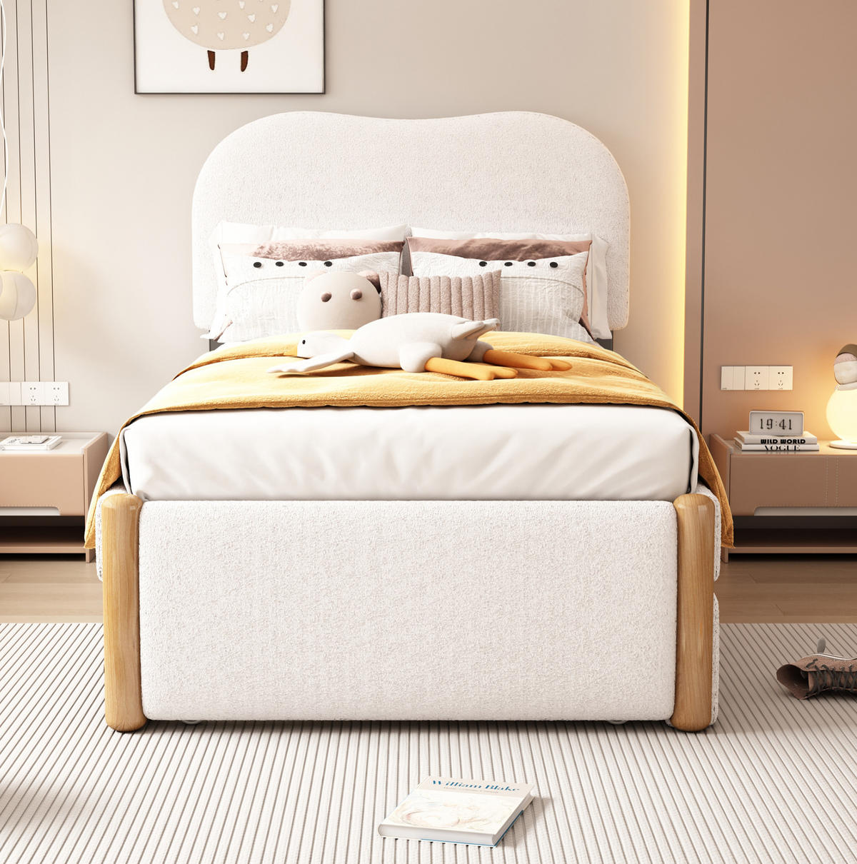 POLSTERBETT 90/200 cm aus Plüsch und MDF mit ausziehbarem Rollbett Weiß - Weiß, Textil (90/200cm) - Modenvie