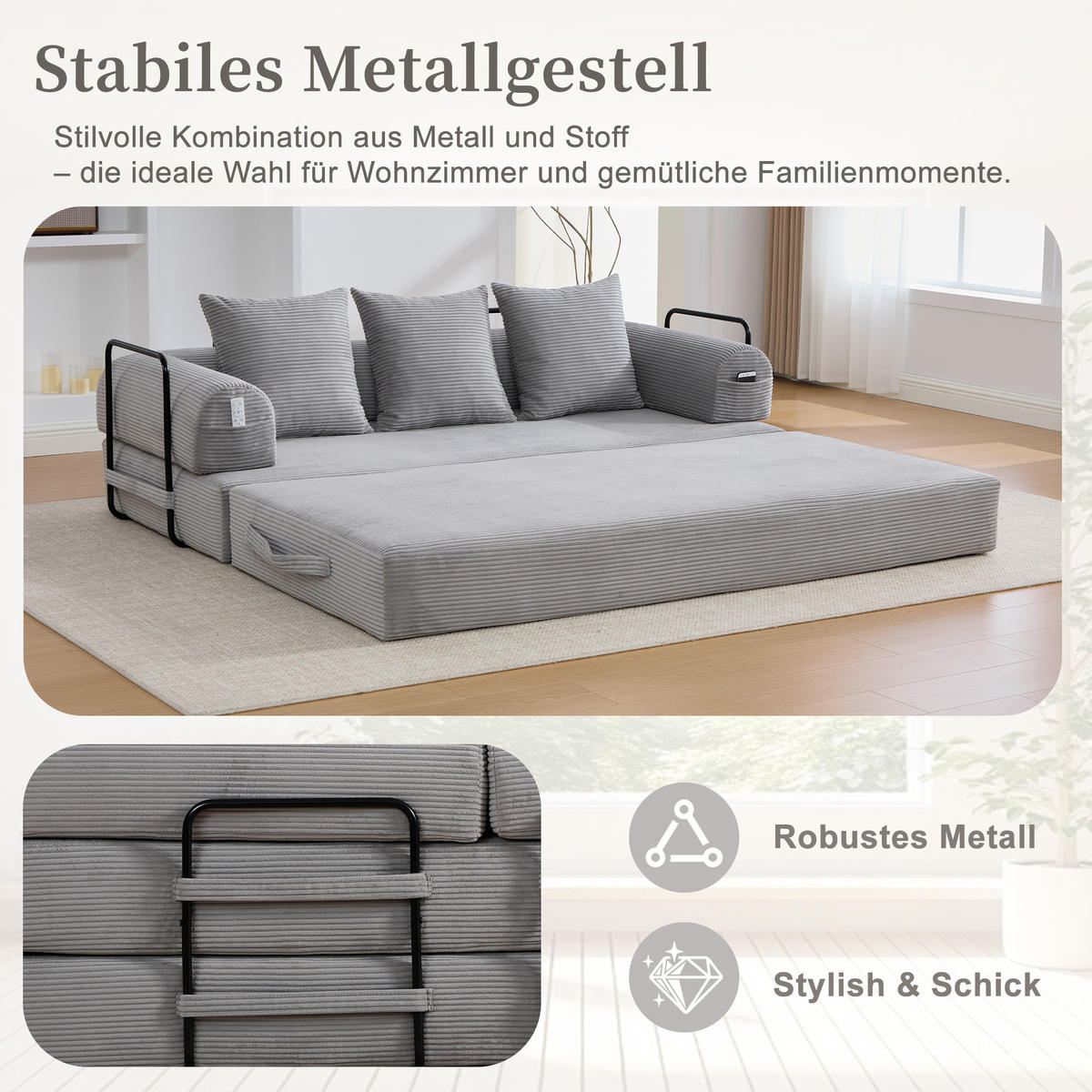 SCHLAFSOFA 200/94/67 cm Hellgrau mit Seitentaschen plus und 3 Kissen - Hellgrau, Textil (200/67/94cm) - Oxeza