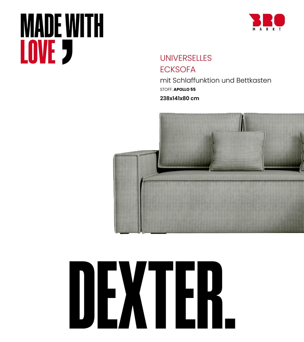 ECKSOFA Dexter mit Schlaffunktion Grau Cord - Hellgrau, Textil (238/141cm) - Bromarkt
