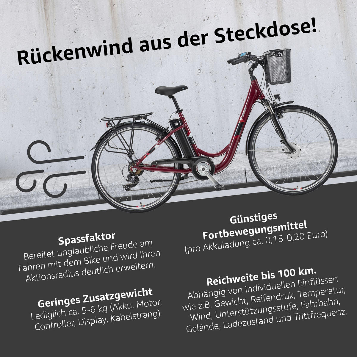 E-BIKE Cityrad Multitalent RC822 Für Damen u. Herren 374,4 Wh Frontmotor 7-Gang-Kettenschaltung 28 Zoll - Weinrot, Metall (114.5cm) - Telefunken