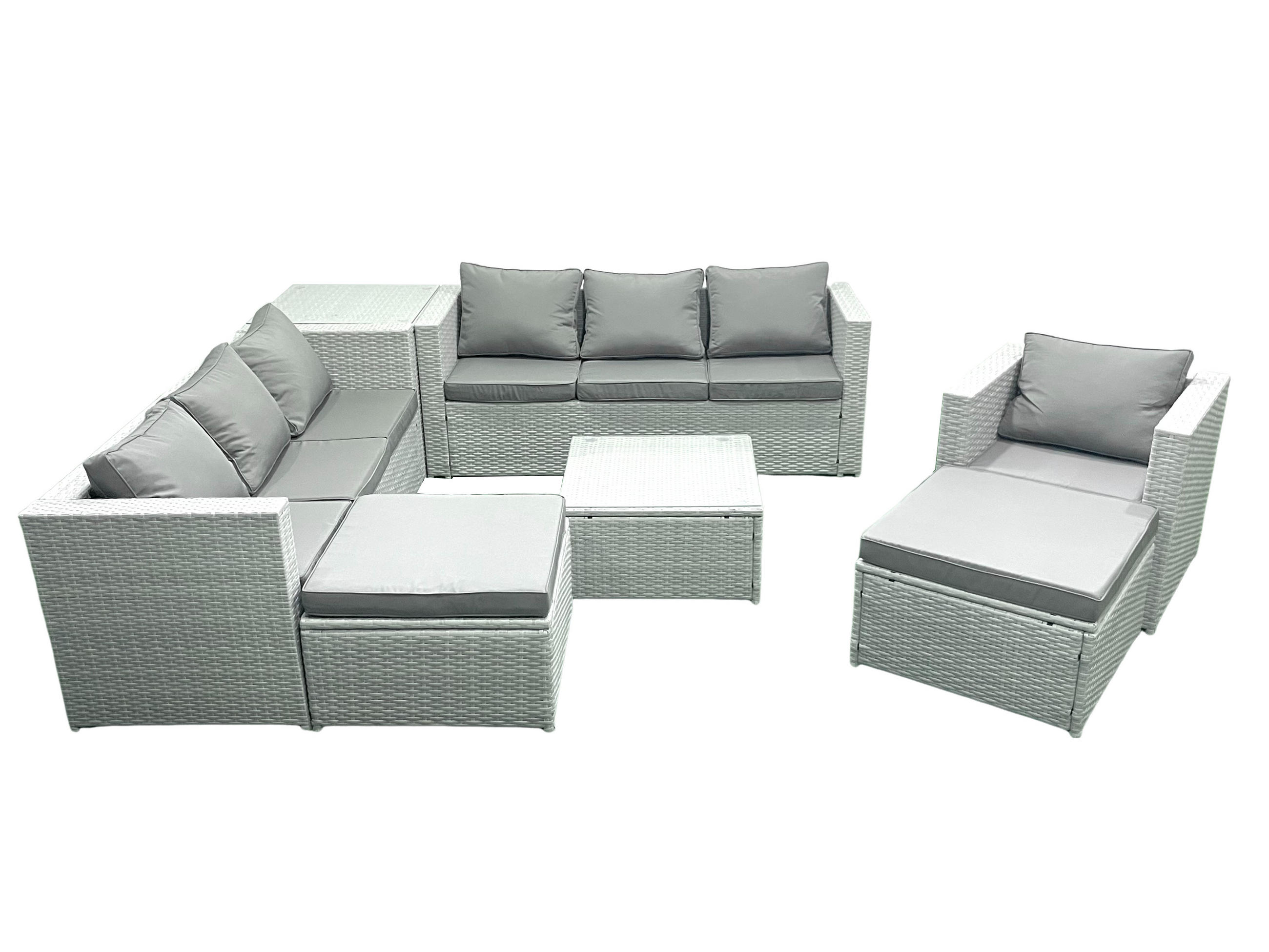 GARTENMÖBEL-SET mit Kissen Polyrattan Hellgrau-Mix 9-Sitzer - Hellgrau/Grau, Glas/Kunststoff - Fimous