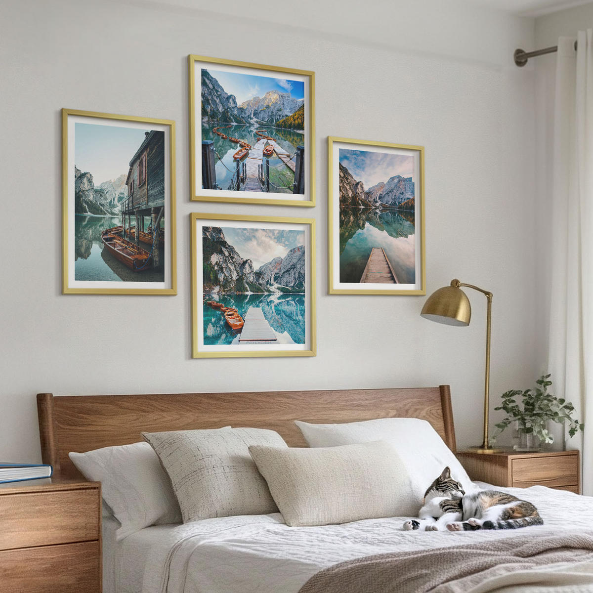 WANDBILDER 4er Set - 50x50 cm & 40x60 cm Goldrahmen - See Berge Holzboote - Goldfarben, Kunststoff (50/50cm) - ArtPrintCave
