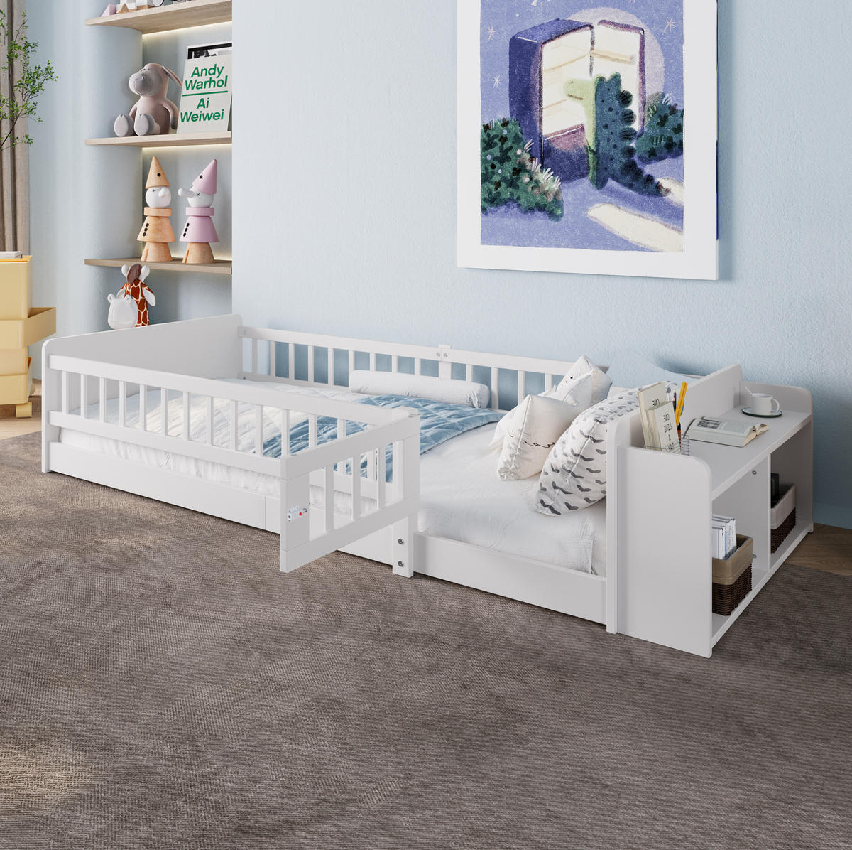 KINDERBETT 90/200 cm aus Kiefernholz und MDF mit offenem Stauraum und öffnbarer Zauntür Weiß - Weiß, Holz (90/200cm) - Modenvie