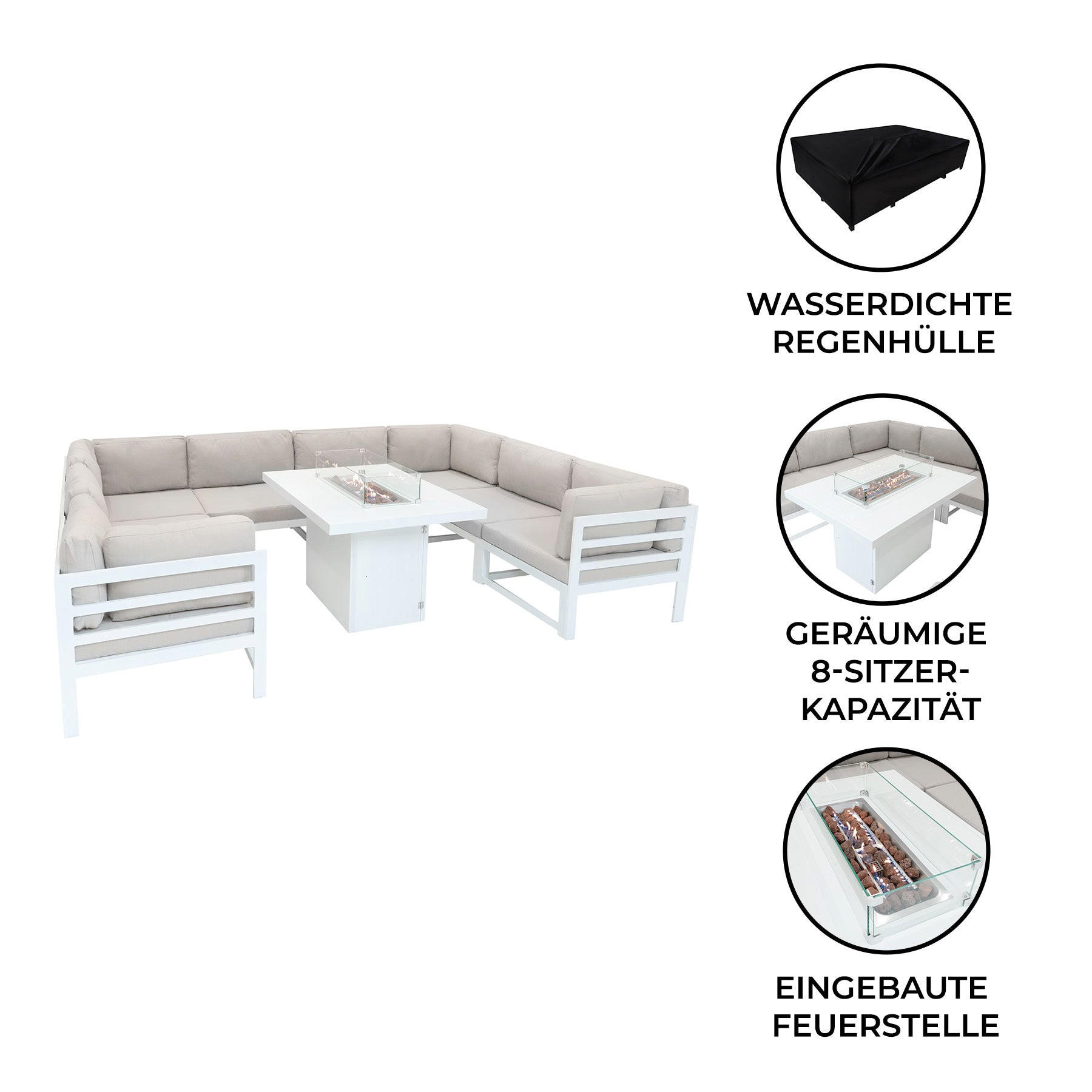 GARTENMÖBELSET 9-teiliges Aluminium Modulares mit Feuerstelle - Weiß - Weiß, Metall