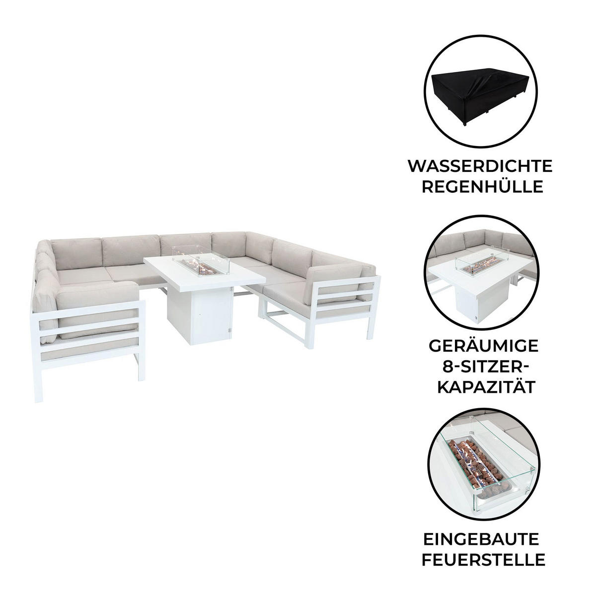 GARTENMÖBELSET 9-teiliges Aluminium Modulares mit Feuerstelle - Weiß - Weiß, Metall
