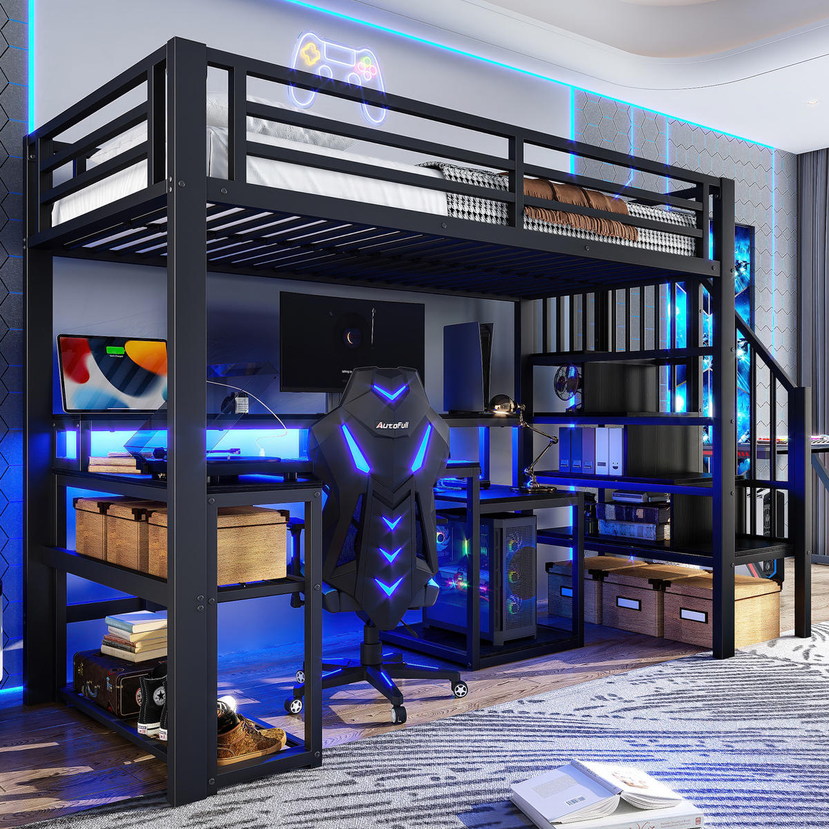 HOCHBETT 90x200cm Schwarz Metall LED-Licht Schreibtisch USB - Schwarz, Metall (90/200cm) - FLIEKS