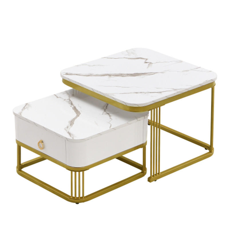 COUCHTISCH-SET 2-teilig mit Schubladen, Marmoroptik weiß/gold, 60x60x45 cm - Weiß, Holzwerkstoff (60/60/45cm) - Blomus