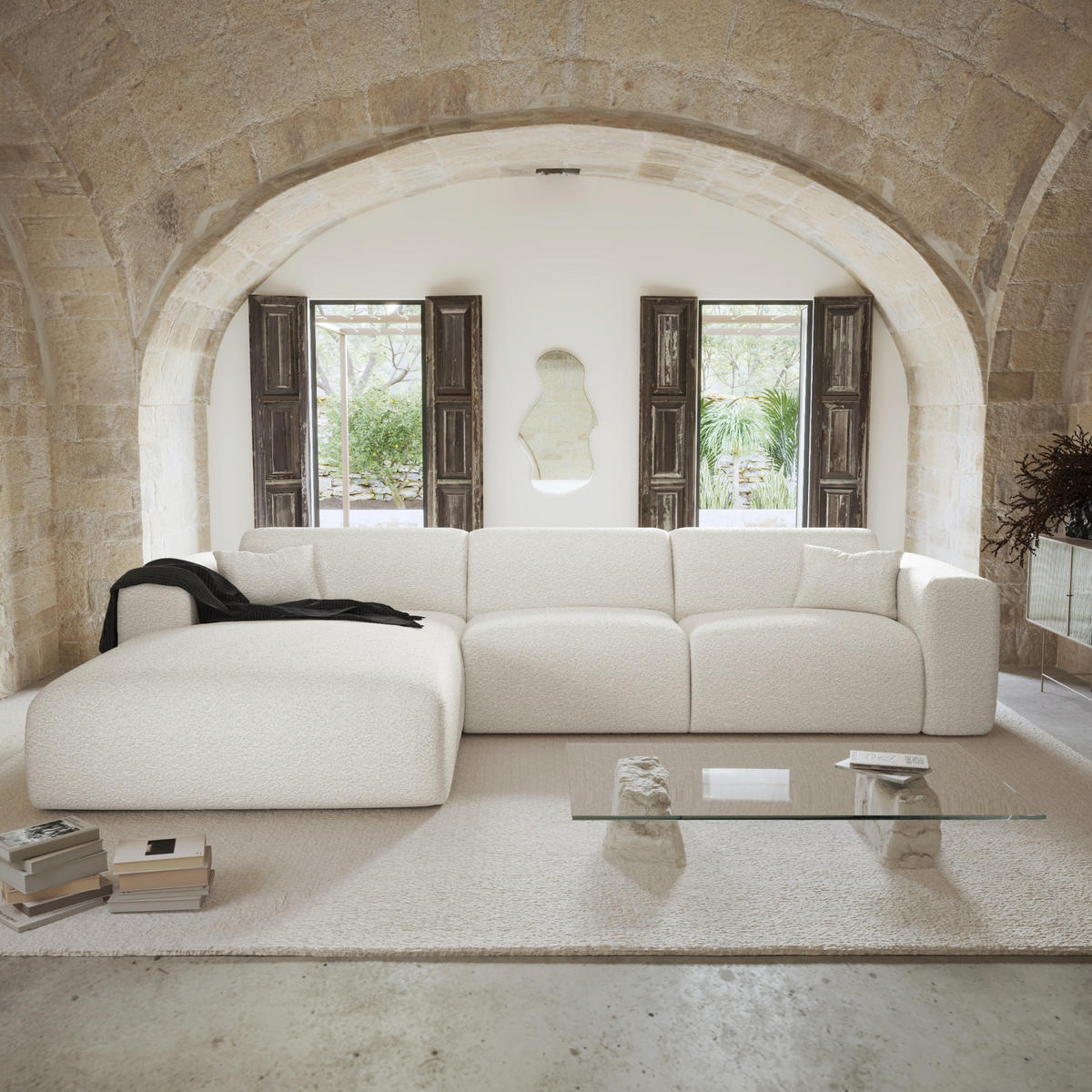 ECKSOFA LINKS SCHLAFSOFA Steinbock Creme 280cm - Creme, Textil (165/280cm) - Sia Home