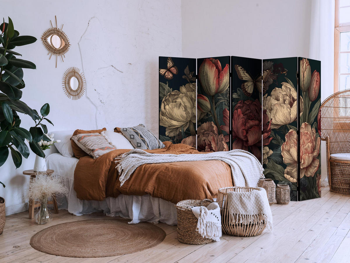 PARAVÁN Akustický 5-dielny 225x172 cm Pivonky V Boho Štýle - viacfarebná, drevo/textil (225/172/3cm) - Muralo