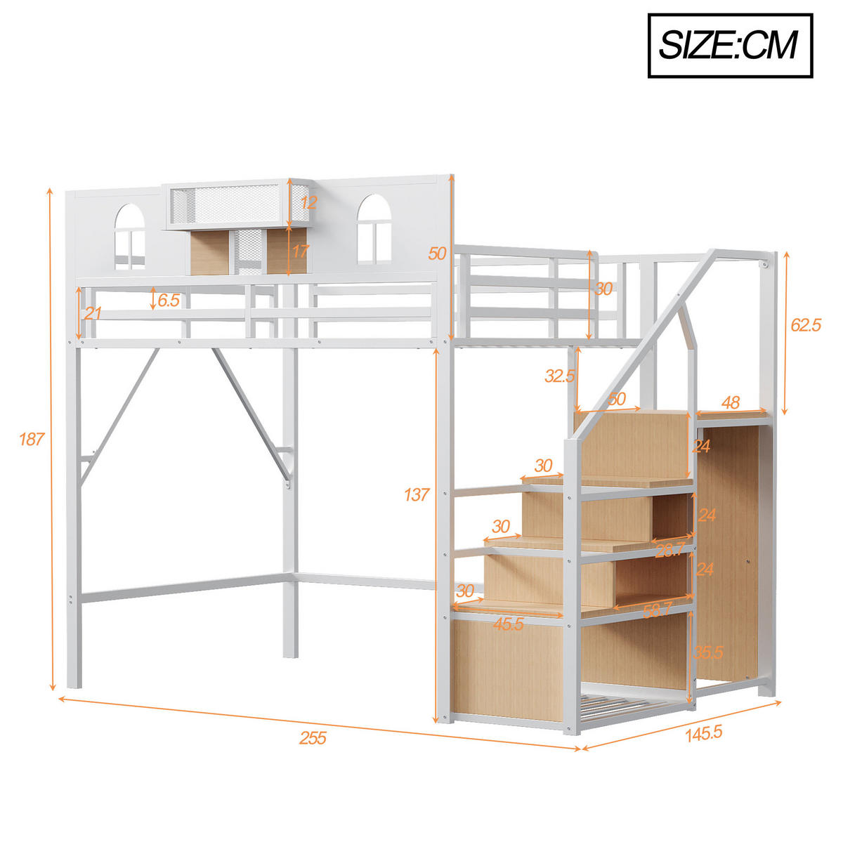 HOCHBETT 140/200 cm Weiß aus Metall und MDF mit Stauraumleiter - Weiß, Metall (140/200cm) - OKMYHOME