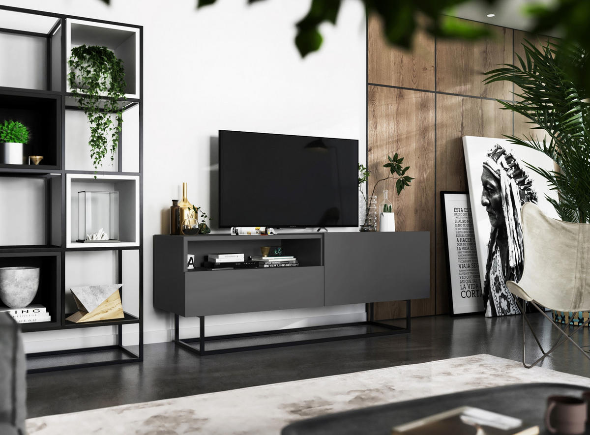 TV-SCHRANK Enjoy Graphit matt mit Metallrahmen Schublade 120 cm - Schwarz/Grau, Holzwerkstoff/Metall (120/46/35cm) - Meble Lindner