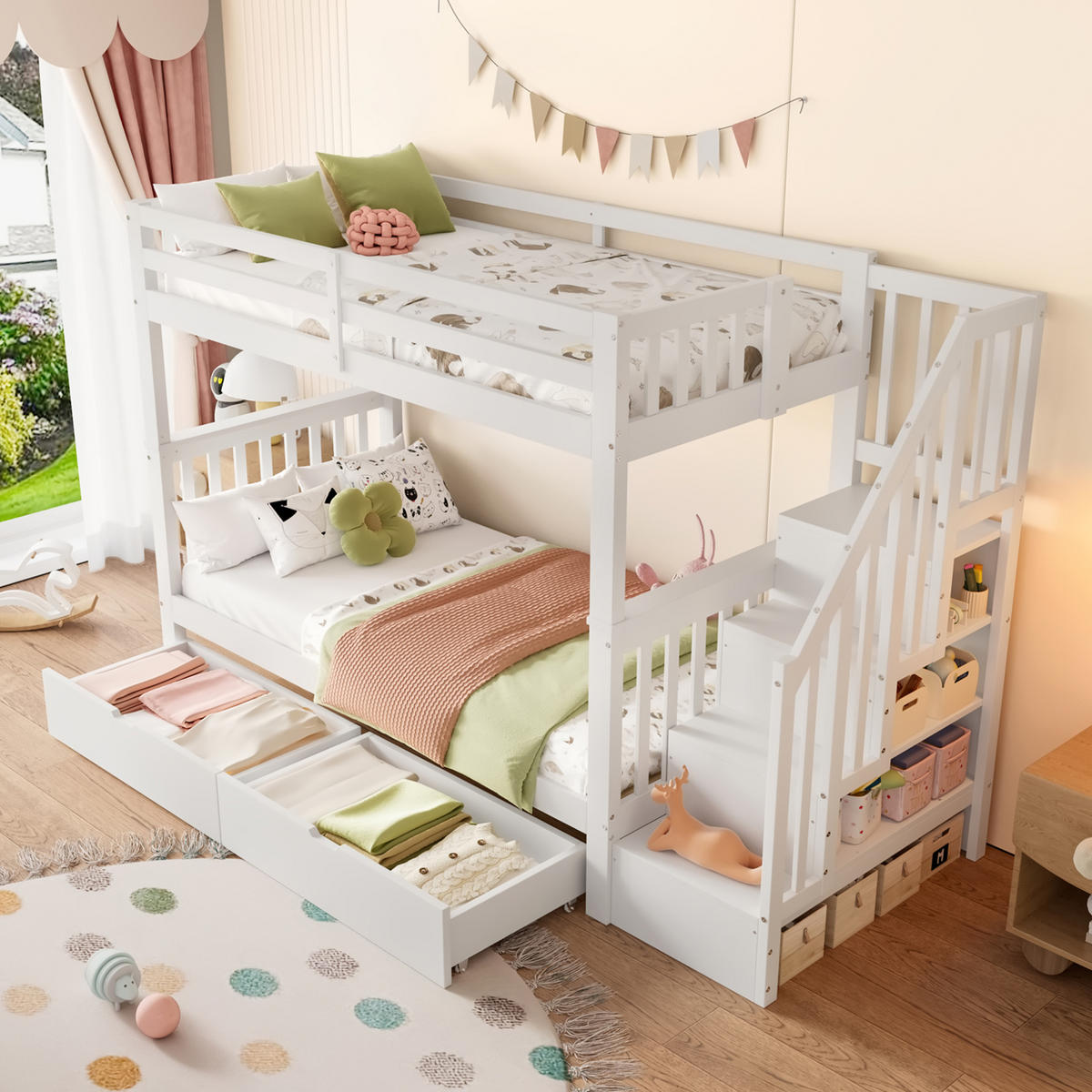 ETAGENBETT 90/200 cm mit Treppenregal, 2 Schubladen und hohem Geländer aus Kiefernholz und MDF, Weiß - Weiß, Holz (90/200cm) - Redom