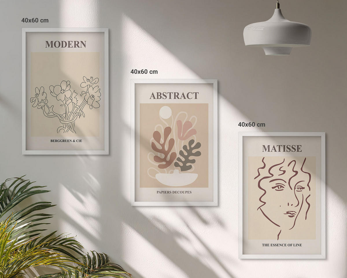 WANDBILDER 3er-Set - 40x60 cm Weißer Rahmen - Moderne Pflanzenlinien - Weiß, Kunststoff (40/60cm) - ArtPrintCave