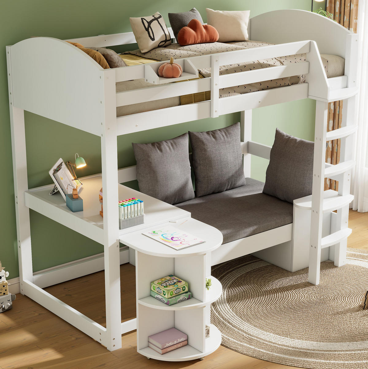 HOCHBETT 90/200 cm aus Massivholz mit Sofa und ausziehbarem Schreibtisch - Weiß, Holzwerkstoff (90/200cm) - Flora Grace