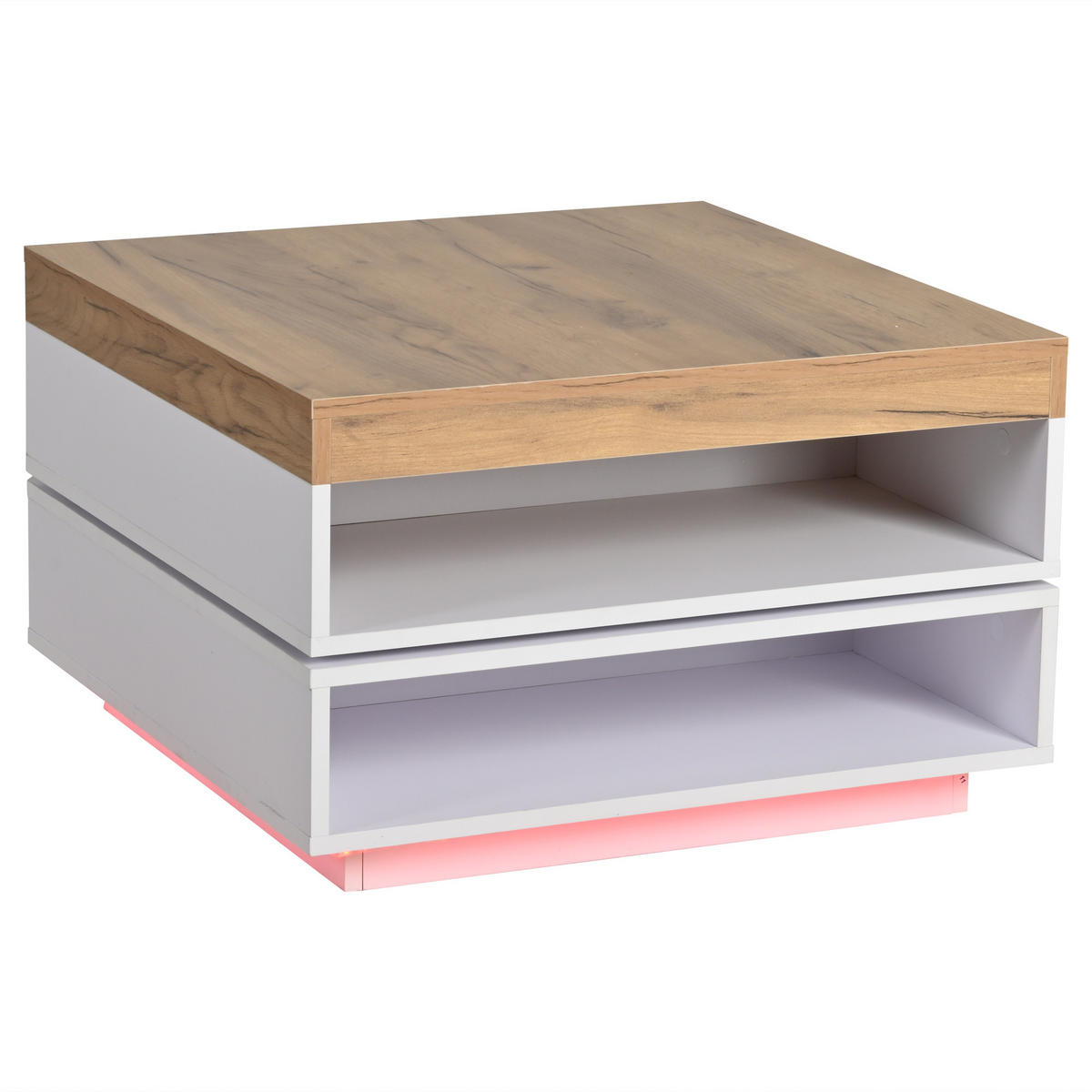 COUCHTISCH 65/65/40 cm weiß und eichefarben aus MDF mit 360° drehbarer Tischplatte und LED - Weiß, Holzwerkstoff (65/65/40cm) - OKWISH