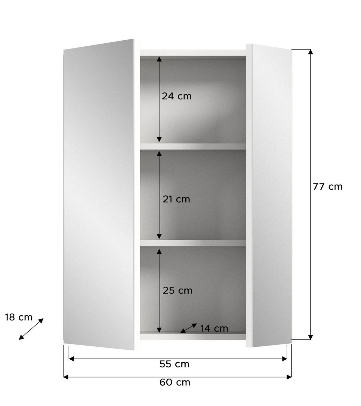 SPIEGELSCHRANK weiß 60 cm, Badezimmer Schrank 2-türig - Weiß, Glas/Holzwerkstoff (60/77/18cm) - Inn.Furn
