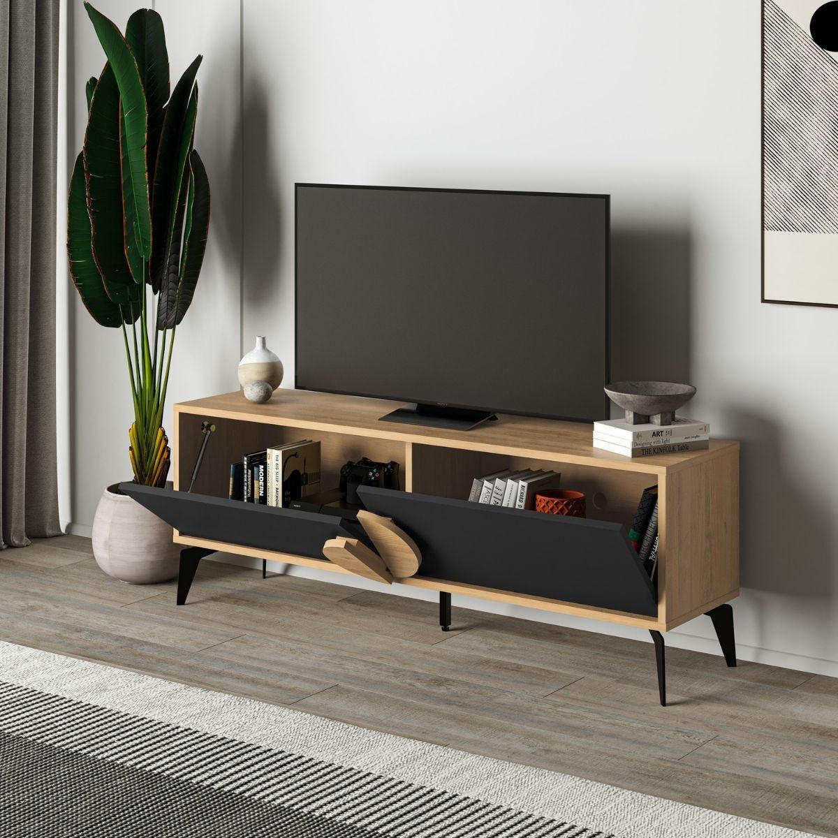 TV-MÖBEL 2 Türen Vae - L140 cm - Eiche Artisan/Grau, Holzwerkstoff (35/51/140cm) - Calicosy