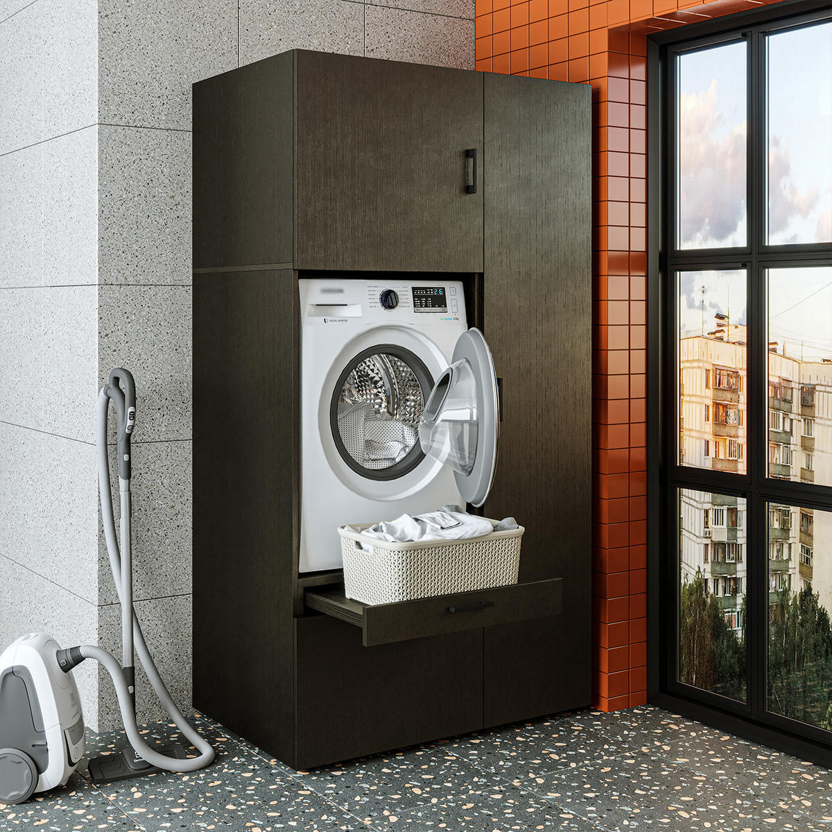 WASCHMASCHINENSCHRANK Serie 2 112cm Breit, 205cm Hoch - Schwarz, Holzwerkstoff (112/205/67cm)