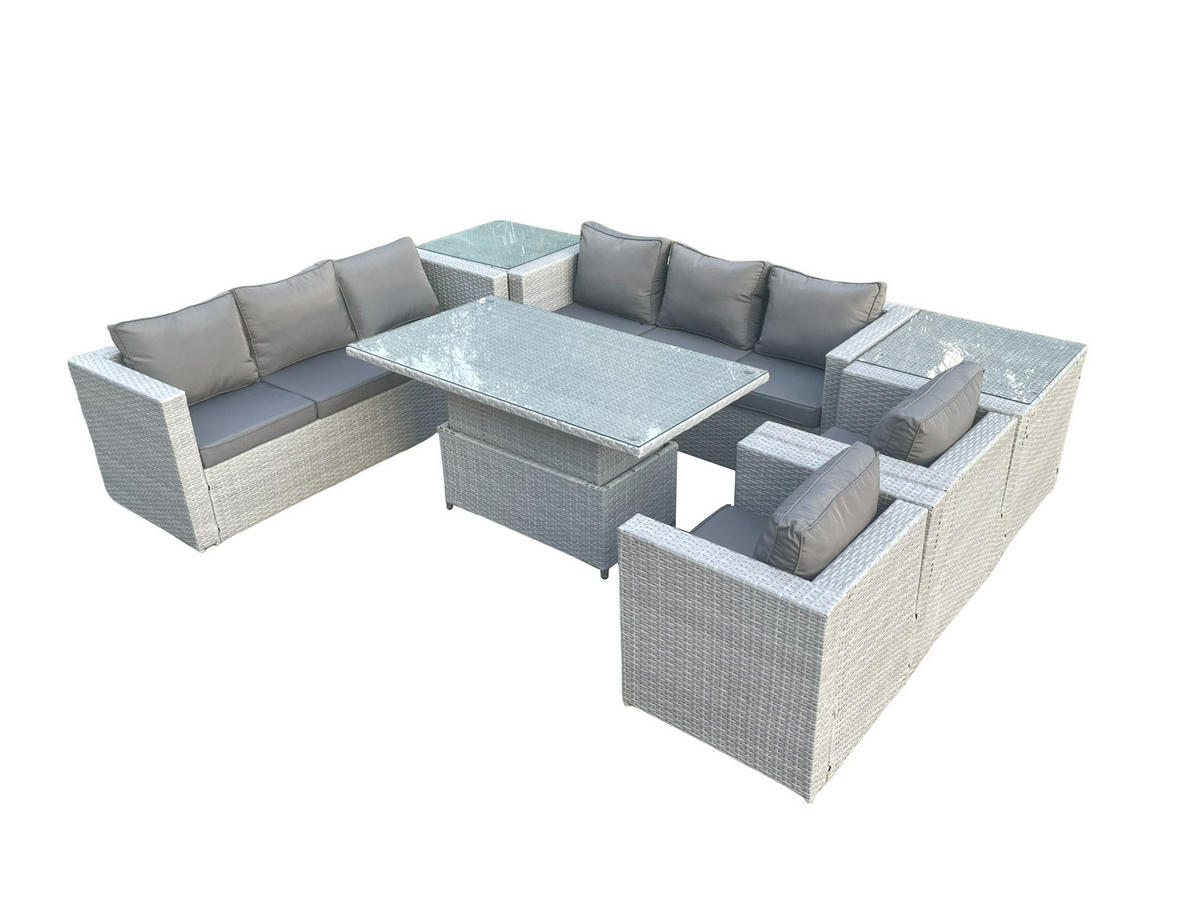 GARTENSOFA SET mit höhenverstellbarer Tisch Polyrattan Helles Grau 8-Sitzer - Hellgrau, Metall - Fimous