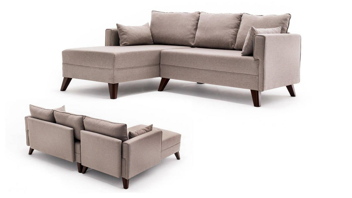 ECKSOFA mit Hocker als Schlaffläche, perfekt für kleine Räume - Walnussfarben/Creme, Holz/Kunststoff (205/140cm) - myHomelando