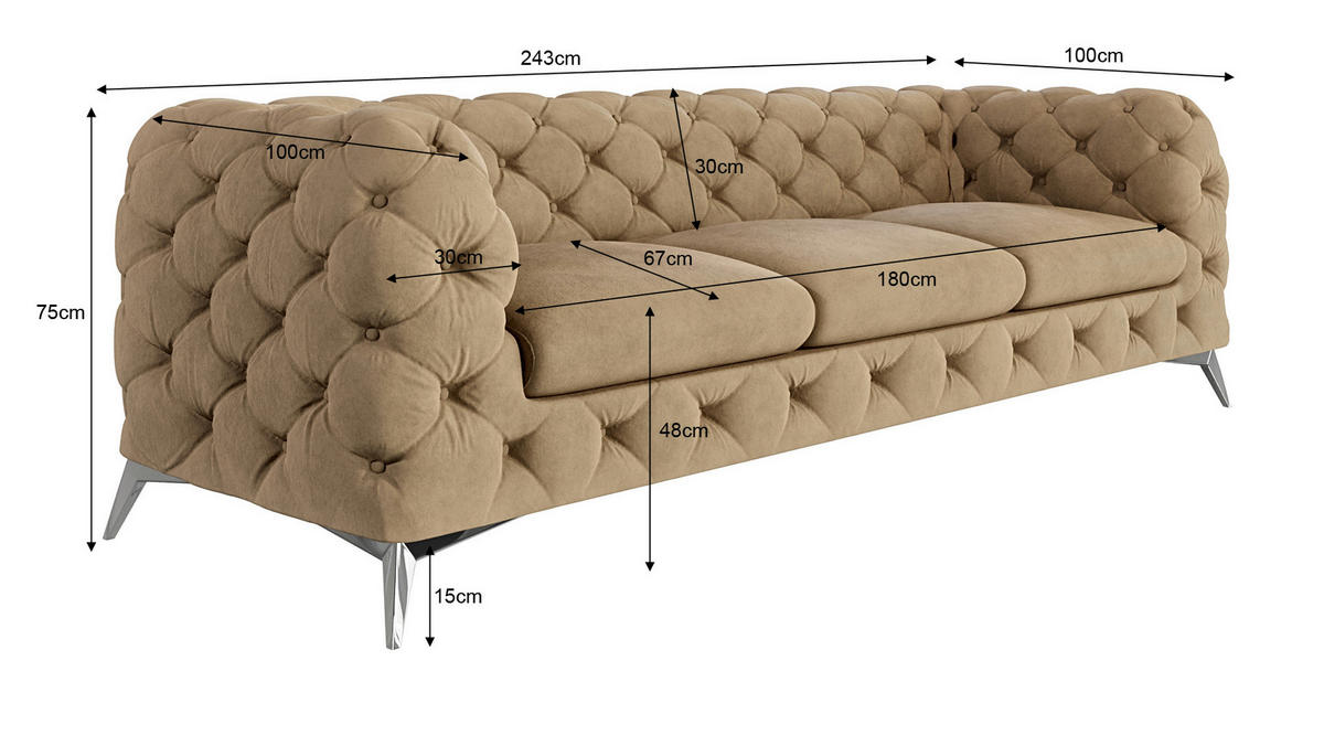 CHESTERFIELD-SOFA 3-Sitzer Laura Beige Samt - Beige/Silberfarben, Holz/Textil (243/75/100cm) - S-Style Möbel