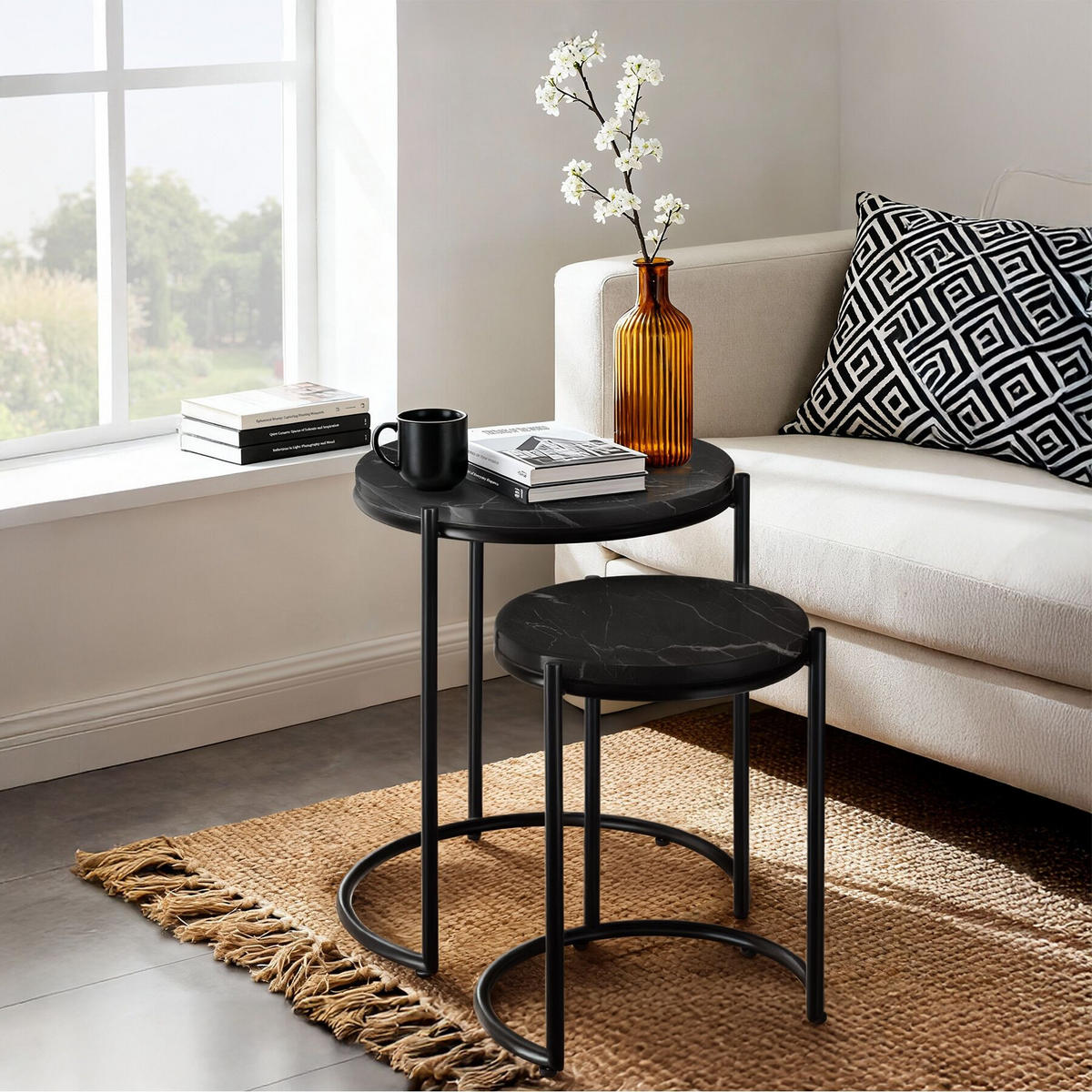 BEISTELLTISCH Ellsa,ineinander schiebbar,schwarz/schwarz - Schwarz, Stein (43/43/50.5cm) - tectake