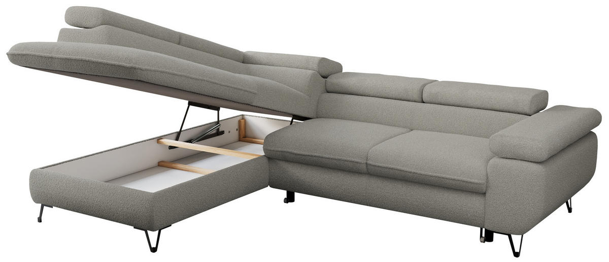 ECKSOFA PETER L Hellgrau Boucle - Links Seite - Hellgrau/Schwarz, Textil/Metall (208/273cm) - MKS