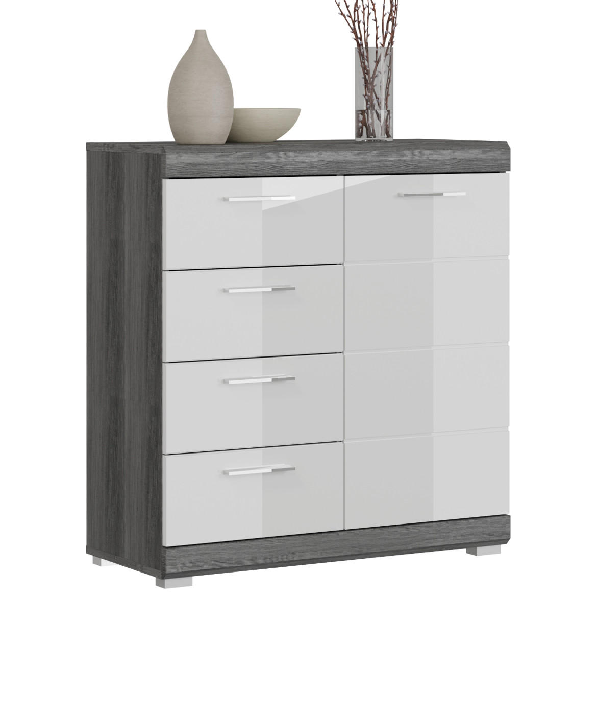 KOMMODE weiß Hochglanz, Rauchsilber grau 80 x 85 cm, 4 Schubladen - Weiß Hochglanz/Silberfarben, Holzwerkstoff/Kunststoff (80/85/37cm) - Inn.Furn