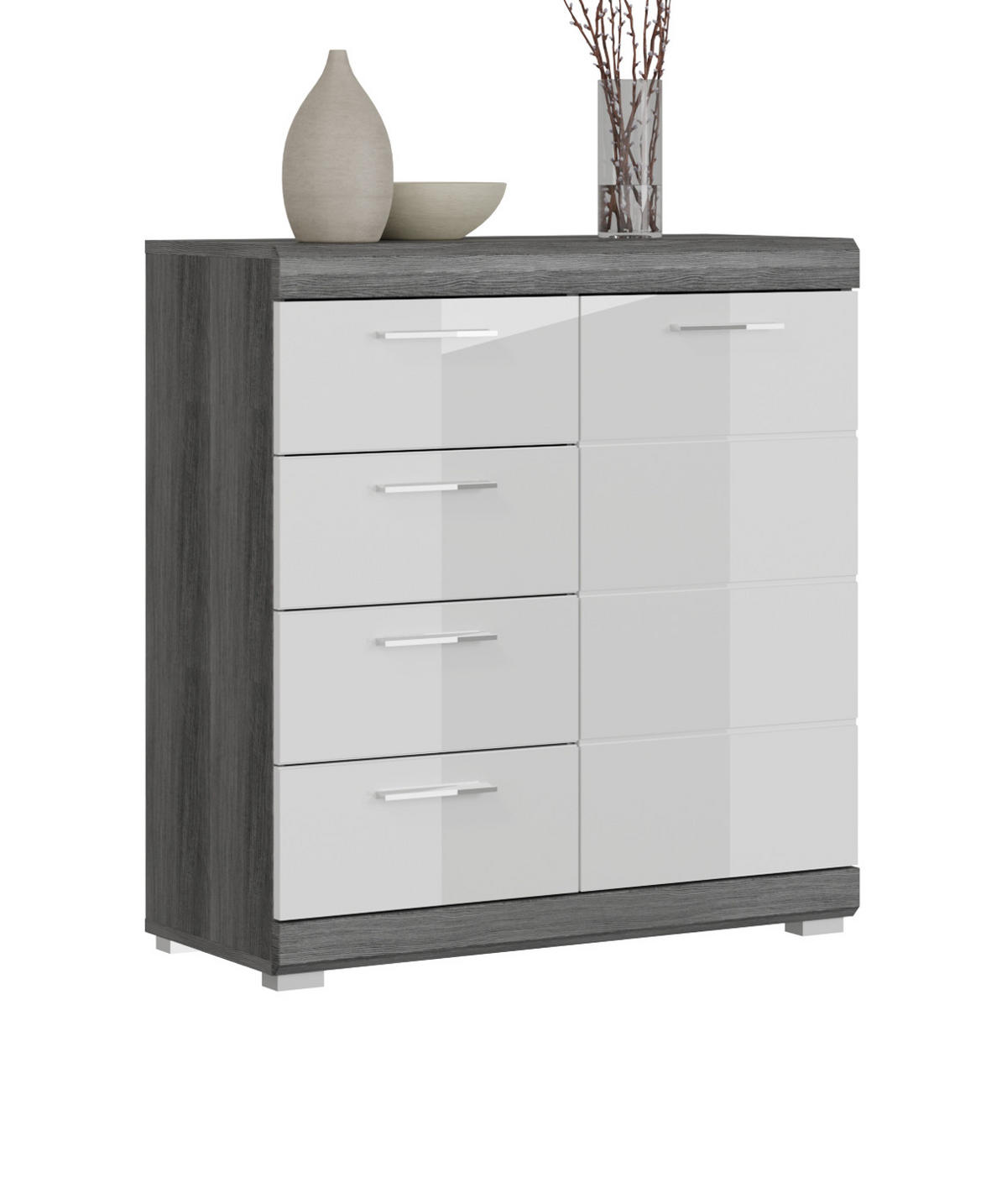 KOMMODE weiß Hochglanz, Rauchsilber grau 80 x 85 cm, 4 Schubladen - Weiß Hochglanz/Silberfarben, Holzwerkstoff/Kunststoff (80/85/37cm) - Inn.Furn