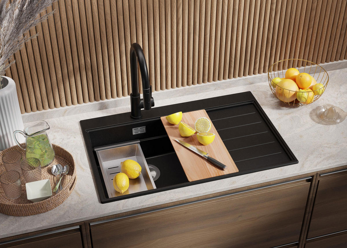 SPÜLBECKEN Sydney, 2-er set Schwarz 78/50 cm 1 Becken + Ablauf-Set + Küchenzubehörset ab 50er Unterschrank - Chromfarben/Beige, Kunststoff (78/20/50cm) - Primagran