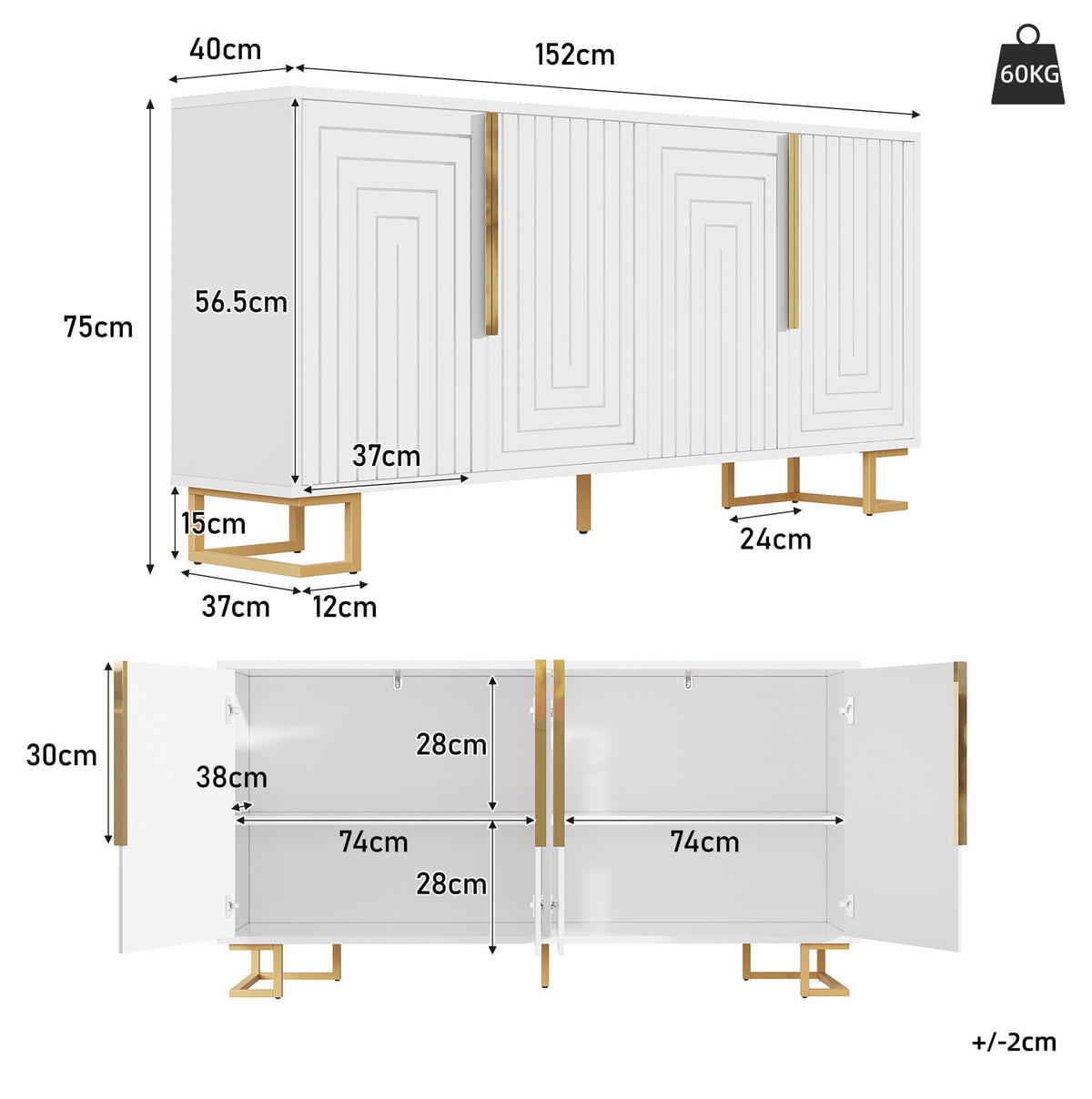 KOMODA z MDF 152x40x75 cm bílá se 2 dvířky, 4 přihrádkami a geometrickým čelem - bílá, kompozitní dřevo (152/75/40cm) - Modfu