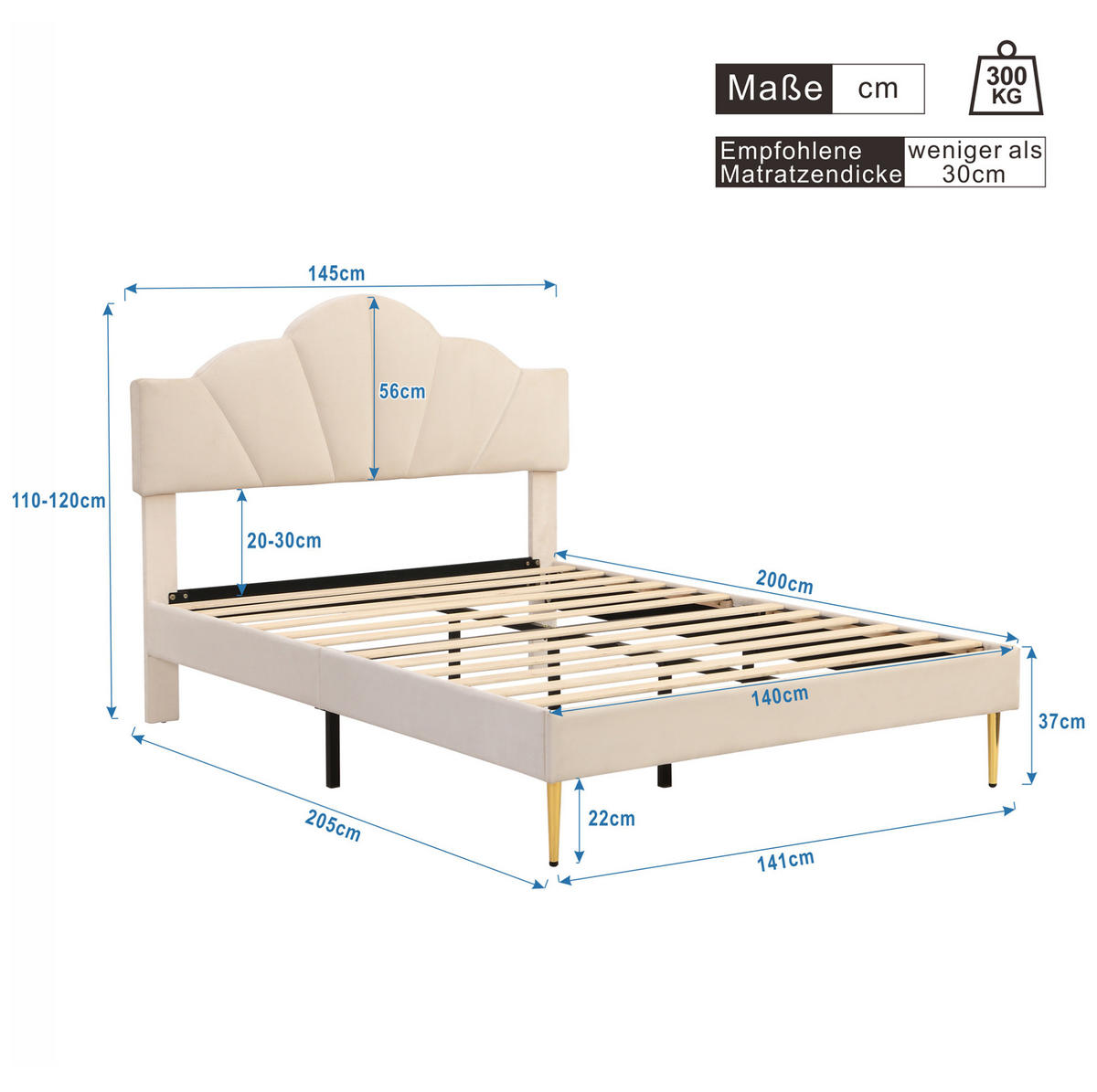 POLSTERBETT 140/200 cm beige aus Samt mit höhenverstellbarem Kopfteil - Beige, Textil (140/200cm) - OKWISH