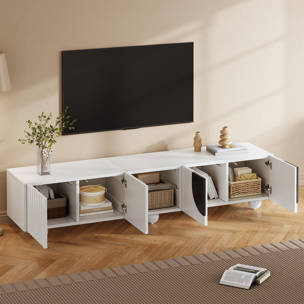 TV-SCHRANK Weiß 180/40/41,5 cm Doppeltüren Offenes Mittelfach Grifflos - Weiß, Karton (40/41.5/180cm) - PANGIVO