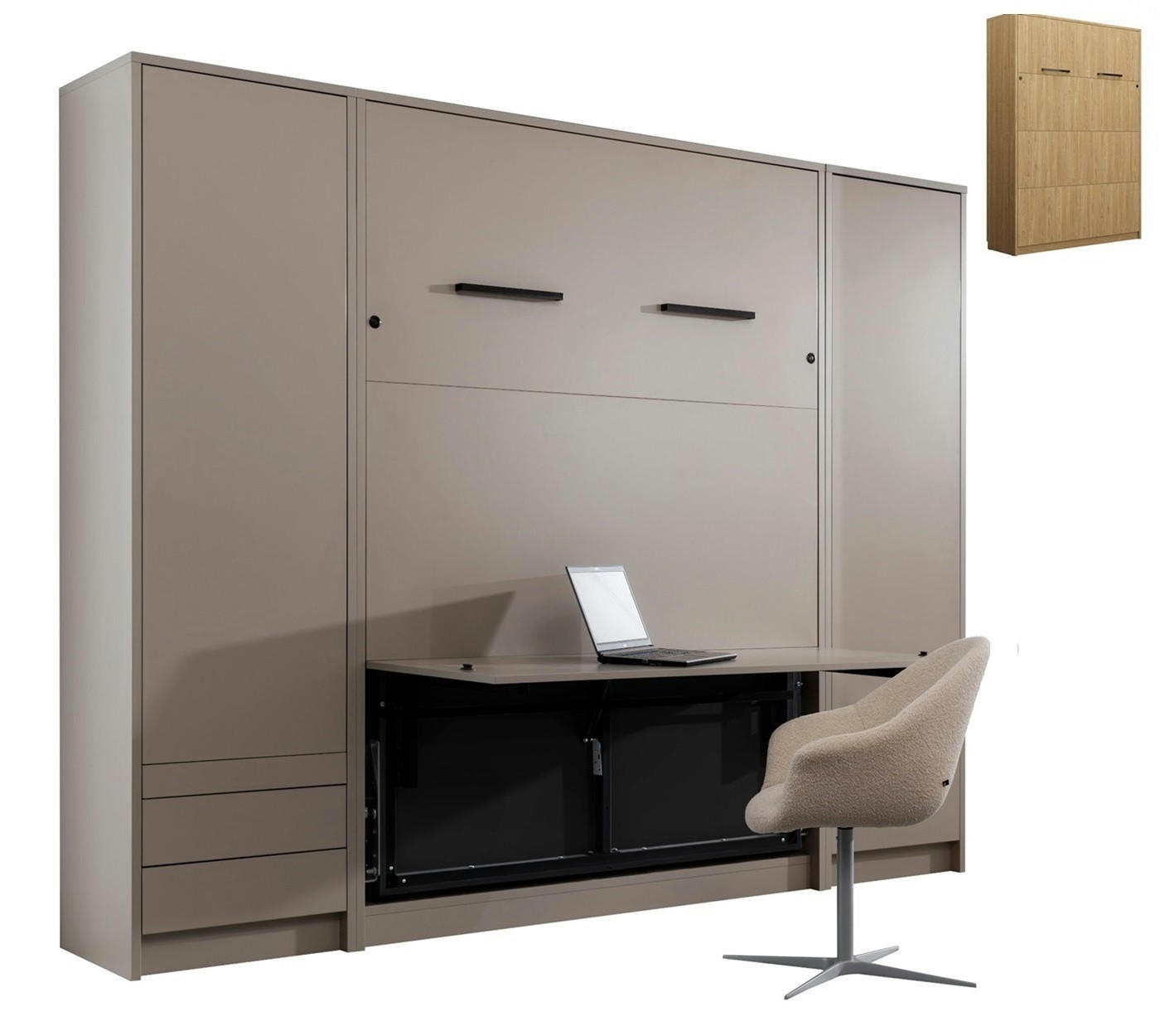 SCHRANKBETT Wandbett vertikal GN 140x200 mit Schreibtisch, LED & 2 Schränken - 3-teilig - Eiche geölt - Eichefarben, Holzwerkstoff (140/200cm) - QMM TraumMöbel