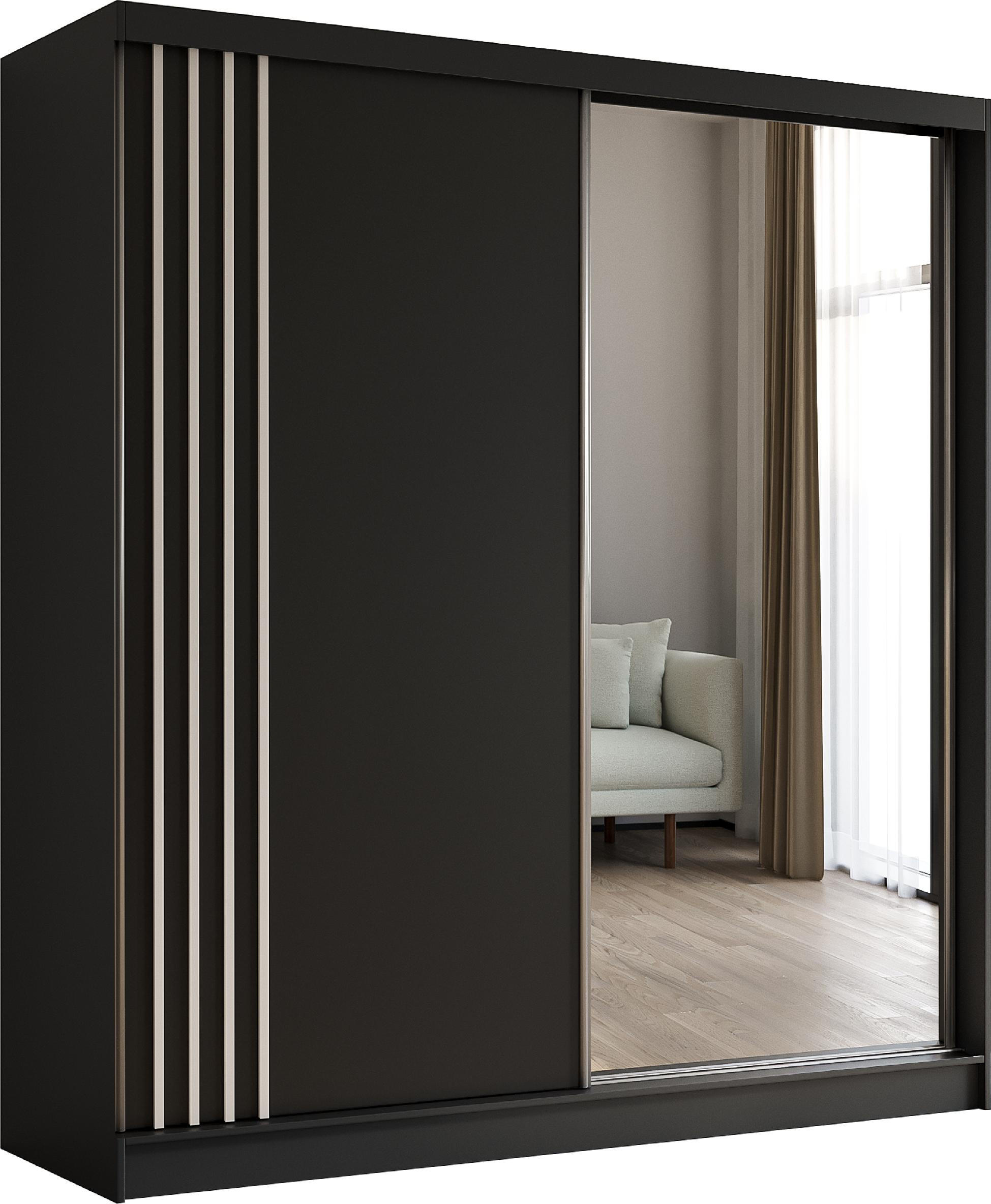SCHWEBETÜRENSCHRANK Neli 200 cm mit Lamellen und Spiegel 2-türig, schwarz, schwarz, Lamelle weiß - Schwarz/Weiß, Kunststoff (200/216/61cm) - Margaret Hadas24