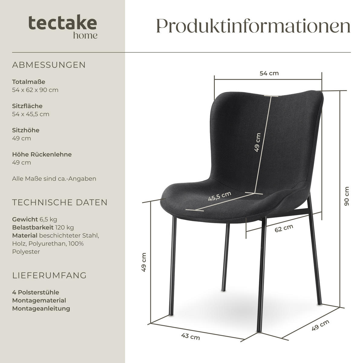 POLSTERSTUHL 4er Set Tessa 54 x 62 x 90 cm Webstoff schwarz/schwarz - Schwarz, Textil (54/90/62cm) - tectake