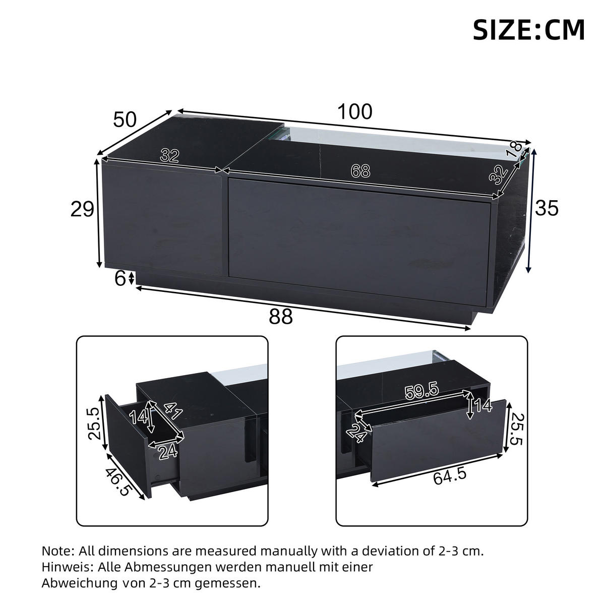 COUCHTISCH 100/50/35 cm mit LED Schwarz aus gehärtetem Glas 2 Schubladen - Schwarz, Holzwerkstoff (100/50/35cm) - OKWISH