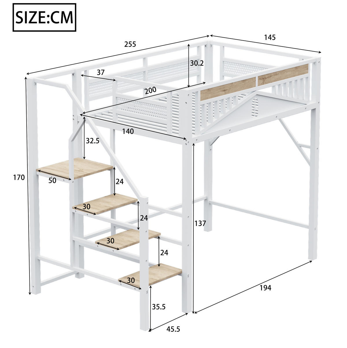 HOCHBETT 140/200 cm in Weiß – mit Rausfallschutz, seitlicher Leiter und Stauraum - Weiß, Metall (140/200cm) - BEAOK