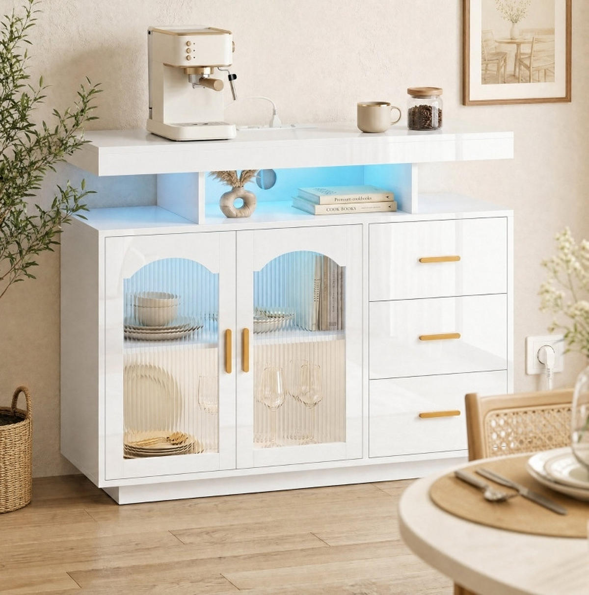 SIDEBOARD aus Holz 100x35x80 cm Weiß mit RGB-LED, 3 Schubladen, Steckdosen und USB-Anschlüssen - Weiß, Holz (100/80/35cm) - IVMEU