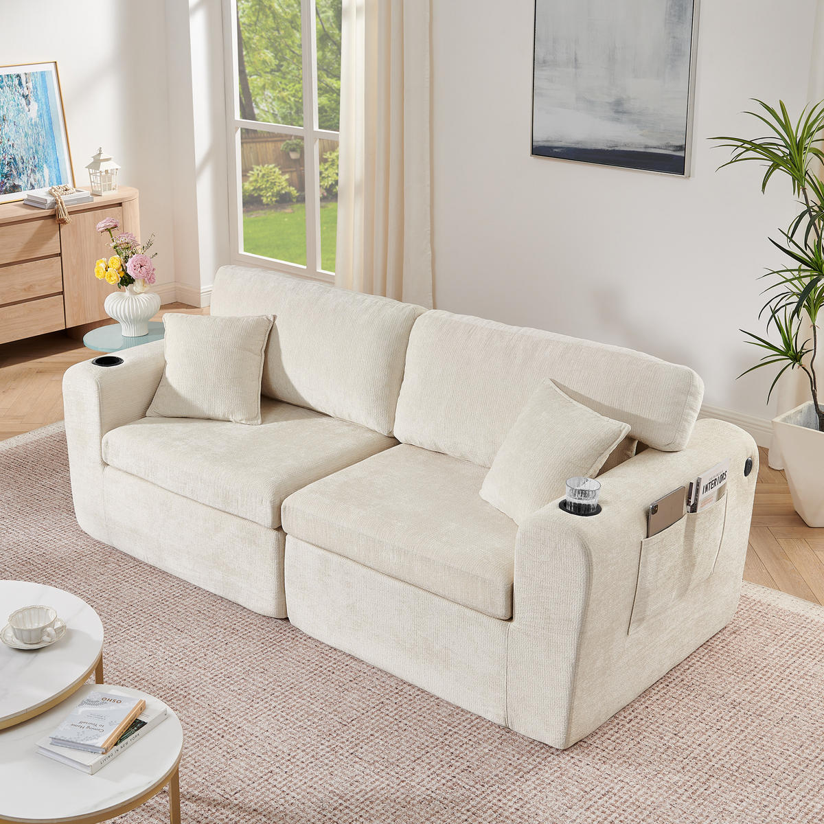 2-SITZER SOFA Chenille Beige mit USB, Kissen, Getränkehalter und Tasche - Beige, Textil (220/89/100cm) - WISHDOR