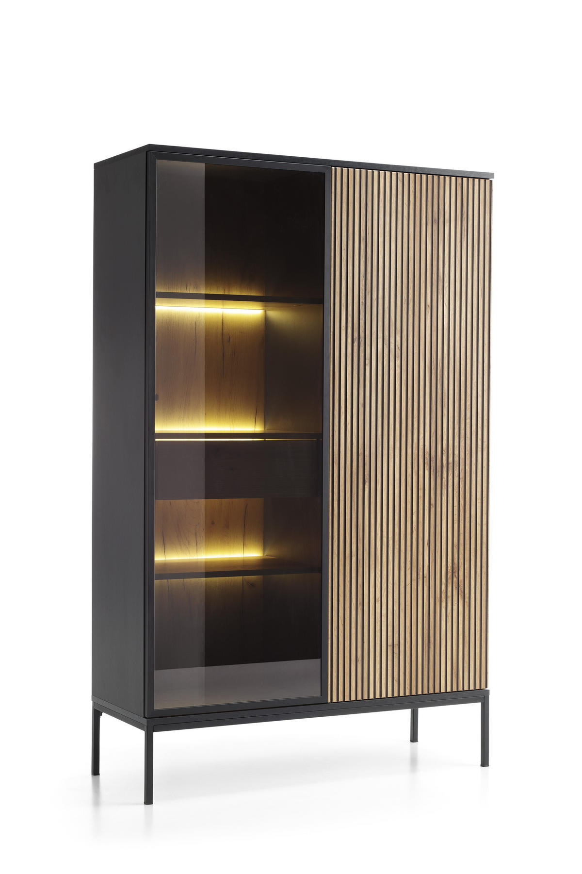 VITRINE Sentino Schwarz, Zweitürige Hochvitrine mit LED - Eiche Wotan/Schwarz, Holzwerkstoff/Metall (104/166/39cm) - Bettso