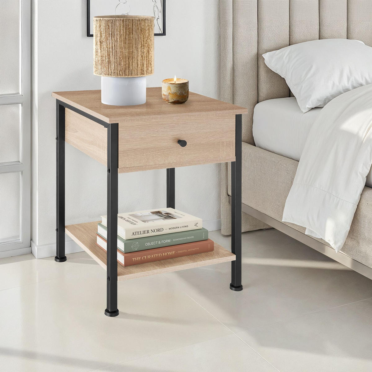 NACHTSCHRANK Bradford, 40 x 40 x 55,5 cm, Industrial Holz hell, Eiche Sonoma - Naturfarben, Holzwerkstoff (40/55.5/40cm) - tectake