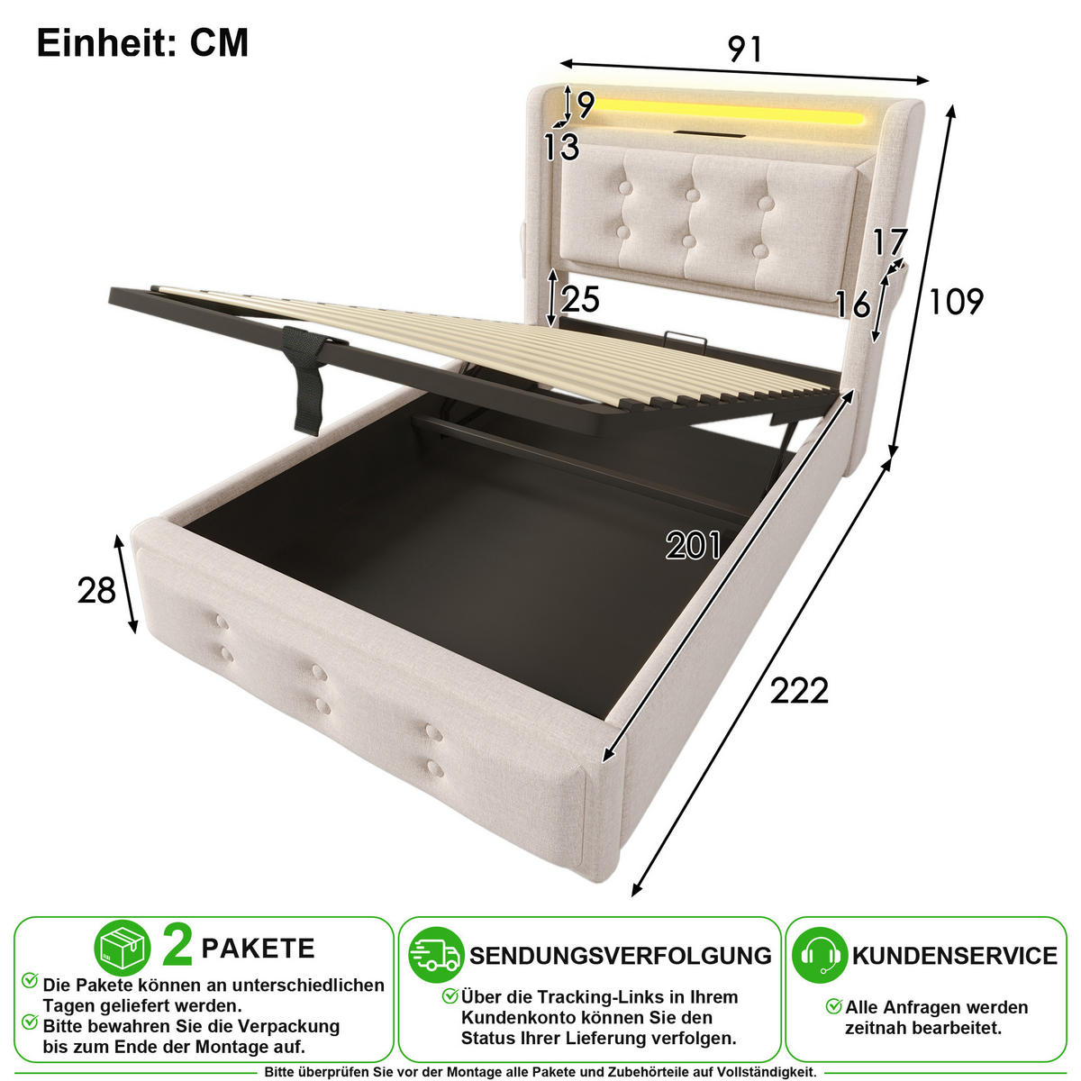 POLSTERBETT 90/200 cm in Beige mit Bettkasten, LED, USB und Type-C Baumwoll-Leinenstoff - Beige, Holzwerkstoff/Textil (90/200cm) - CHICFURN
