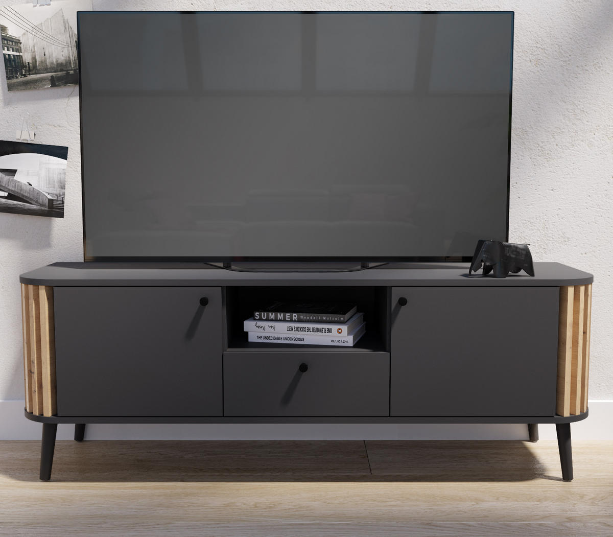 TV-LOWBOARD grau, Eiche Artisan 138 cm, Fernsehtisch mit 3D-Lamellen - Dunkelgrau/Schwarz, Holzwerkstoff/Metall (138/50/40cm) - Inn.Furn