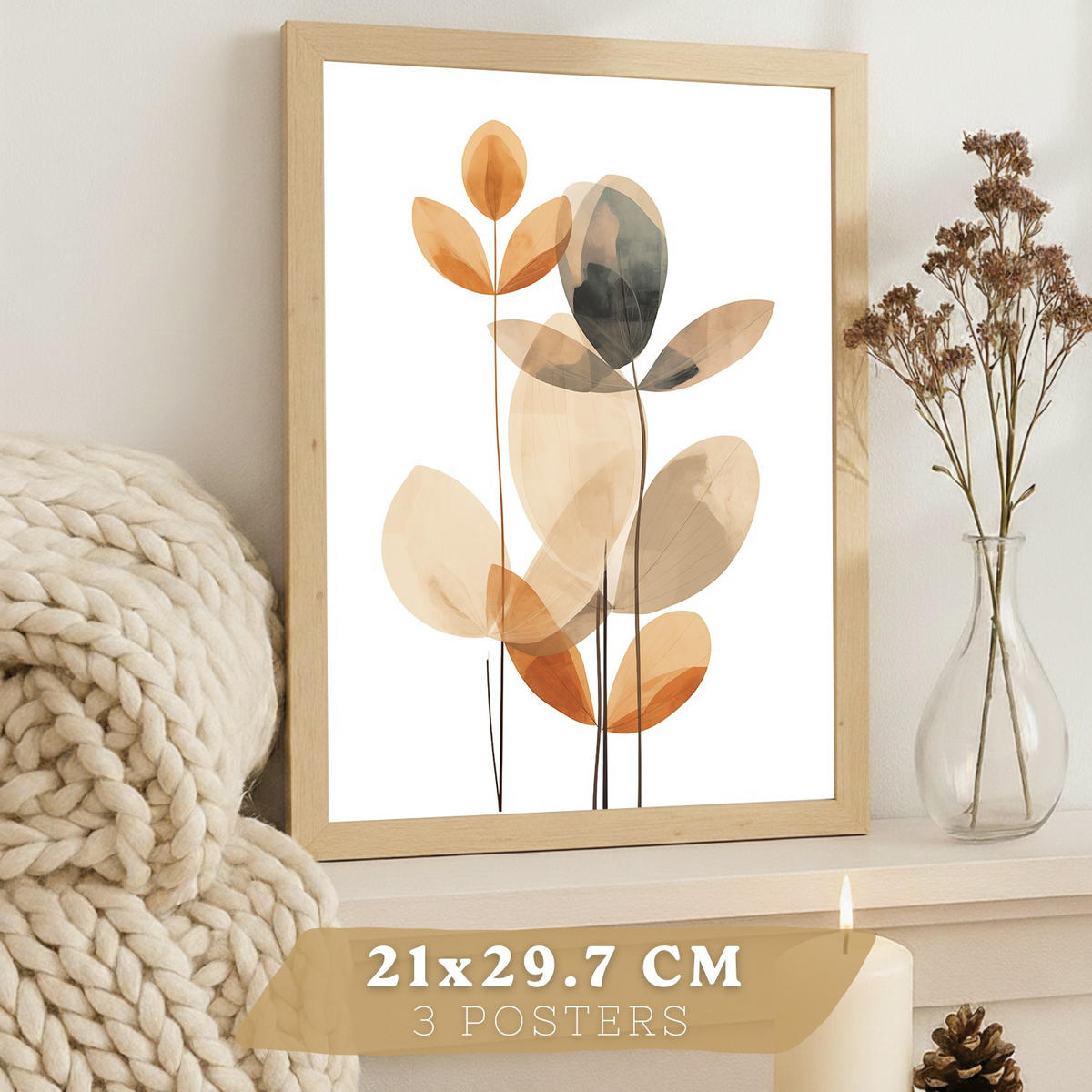 POSTER 3er-Set Wandbilder Orange Blumen modern Wohnzimmer Deko, Schlafzimmer, Küche, Badezimmer Leichter Holzrahmen A3 - Beige, Papier (29.7/1/42cm) - Nacnic